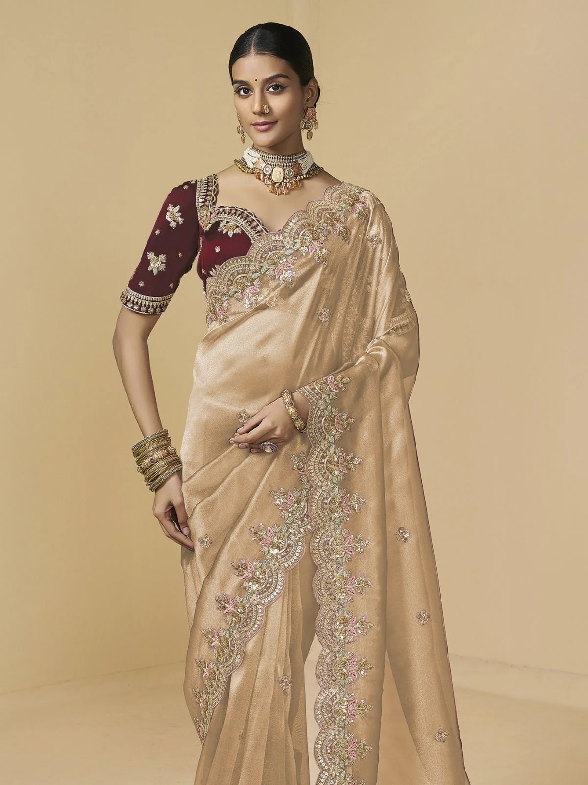 Odette Beige Tissue Embellished Saree For Women - Image 2