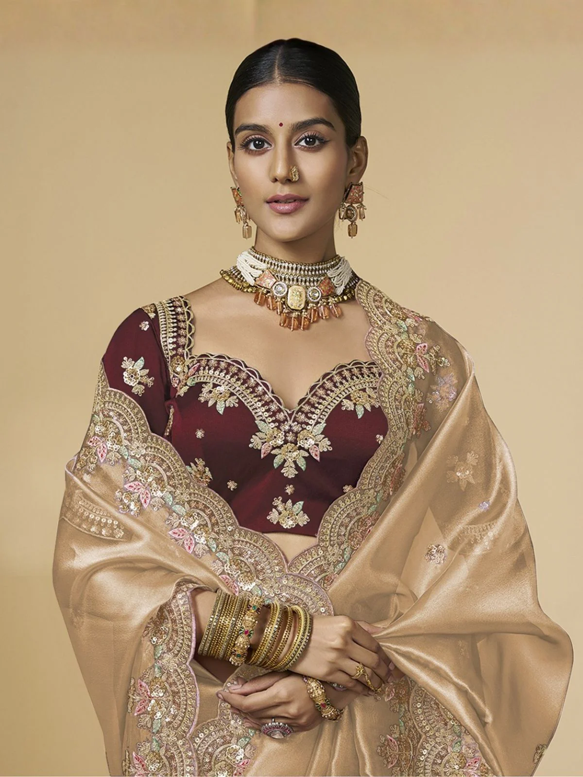 Odette Beige Tissue Embellished Saree For Women - Image 3