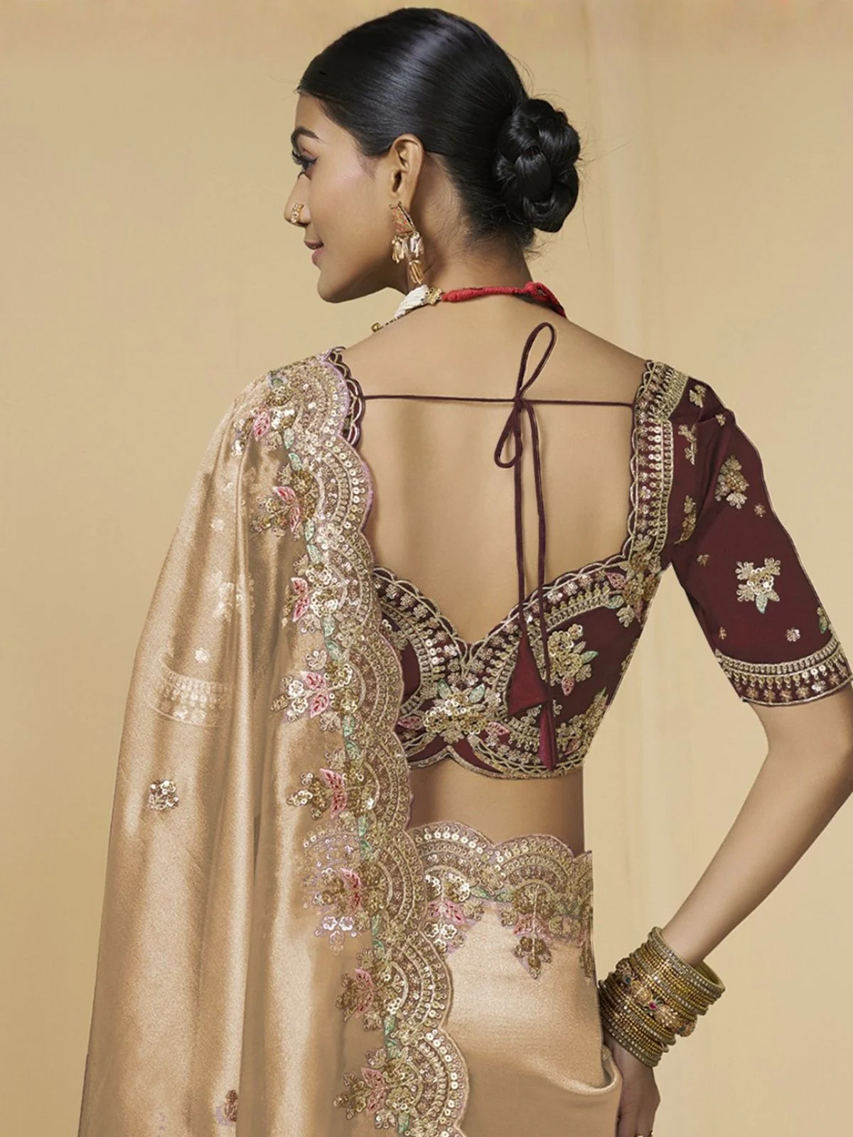Odette Beige Tissue Embellished Saree For Women - Image 4