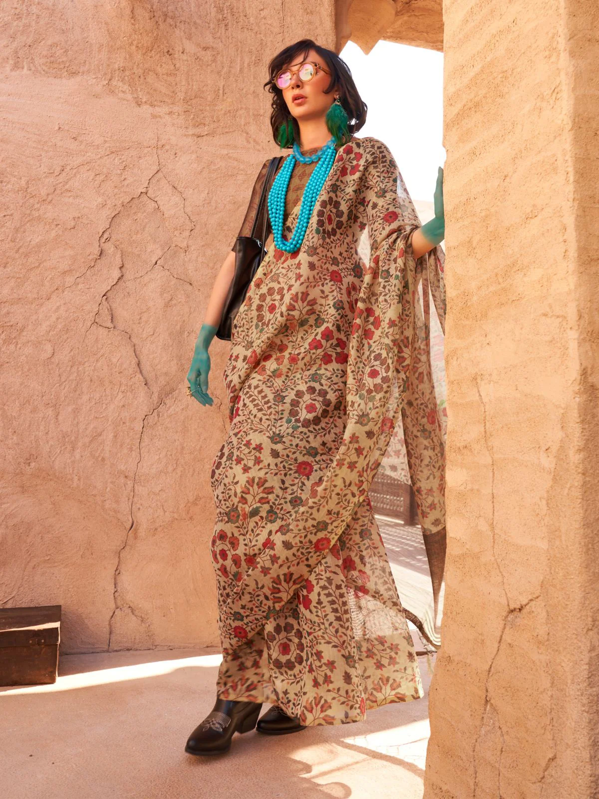 Odette Beige Tissue Printed Saree With Unstitched Blouse For Women - Image 2