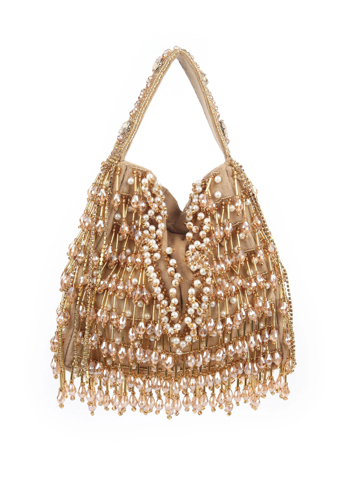 Odette Beige Velvet Embellished Clutch For Women - Image 5