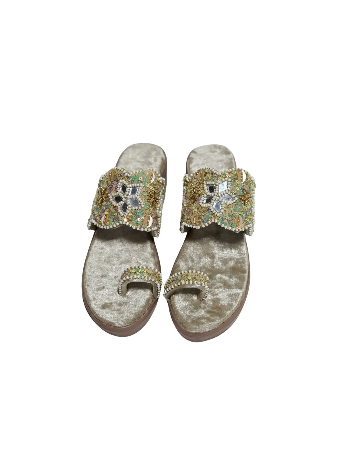 Odette Beige Velvet Embellished Heels For Women - Image 3