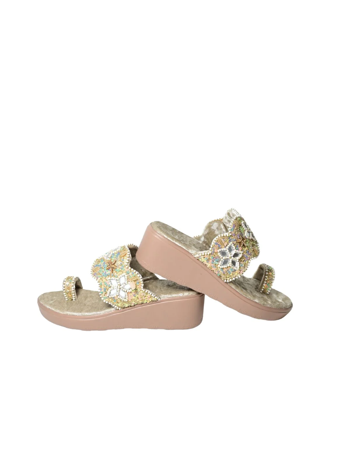 Odette Beige Velvet Embellished Heels For Women - Image 4