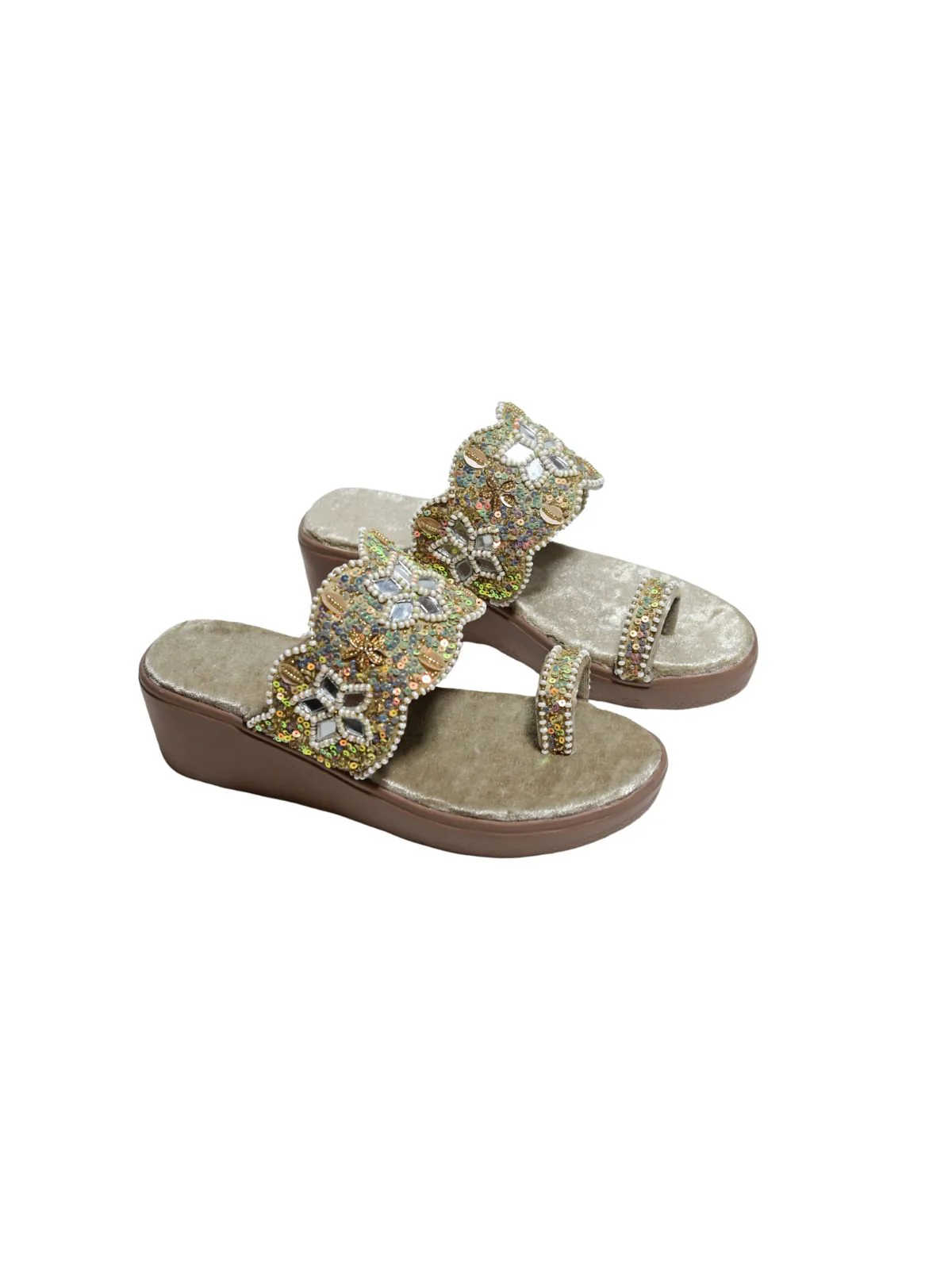 Odette Beige Velvet Embellished Heels For Women - Image 7