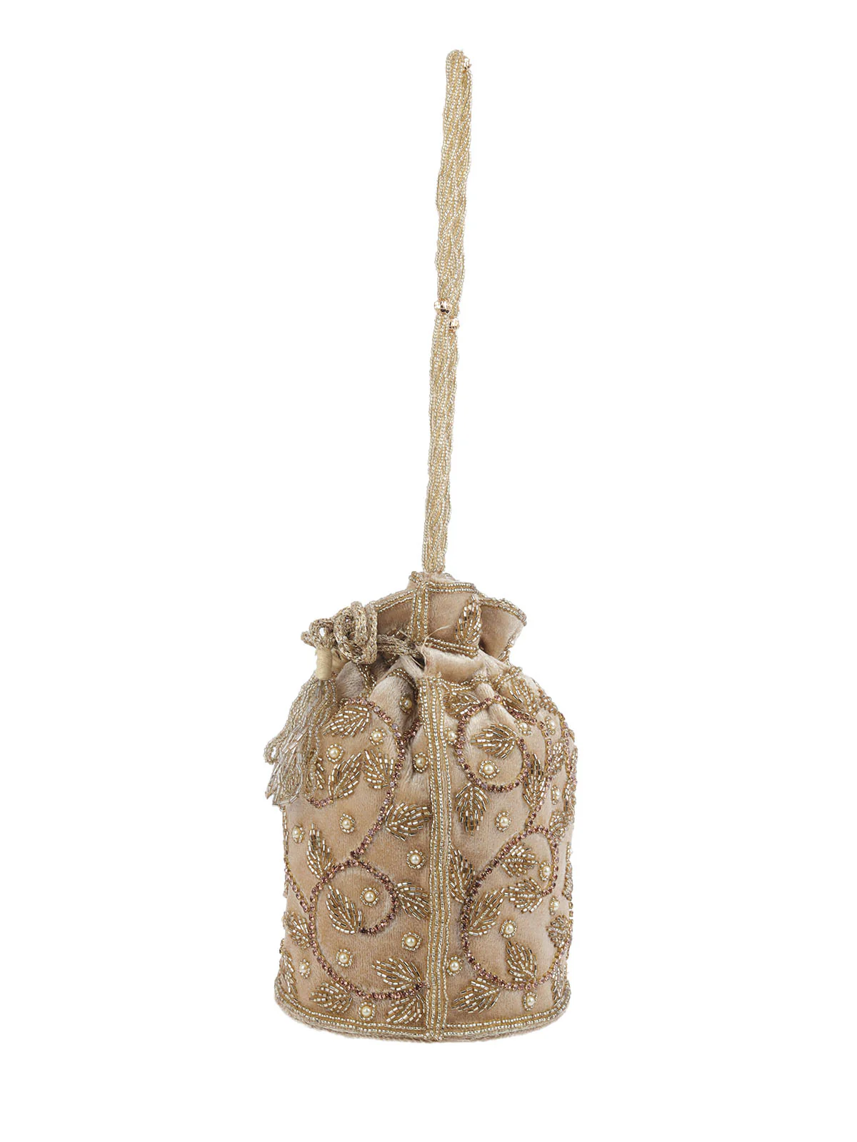 Odette Beige Velvet Embellished Potli For Women - Image 4