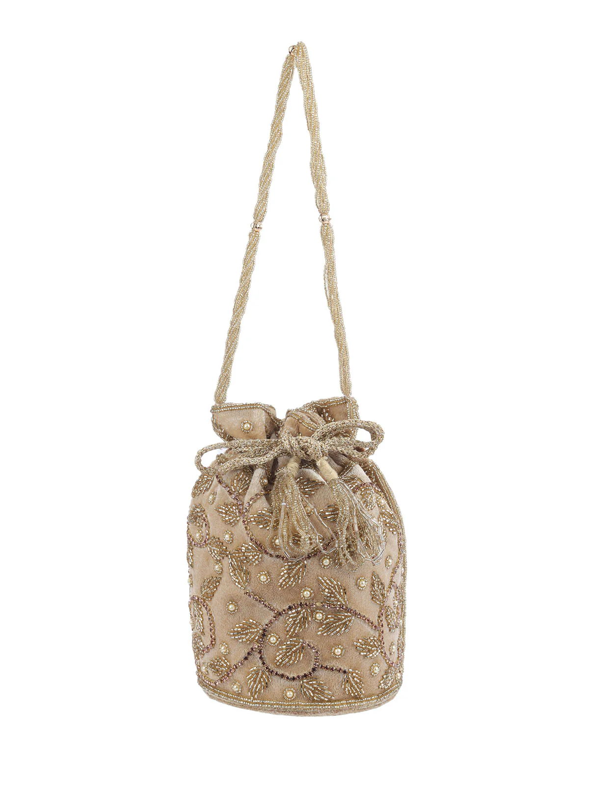 Odette Beige Velvet Embellished Potli For Women - Image 5