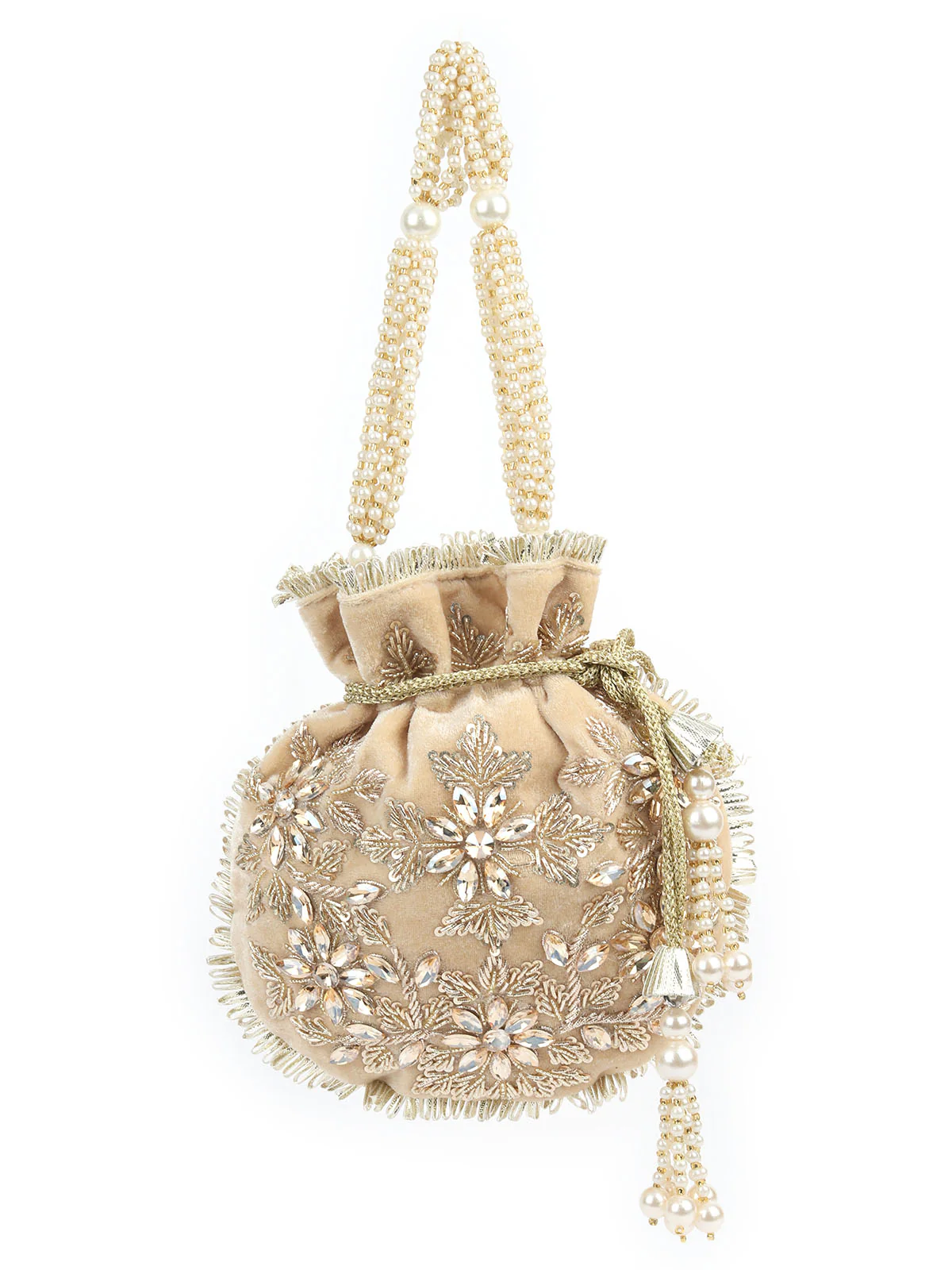 Odette Beige Velvet Embellished Potli For Women - Image 3