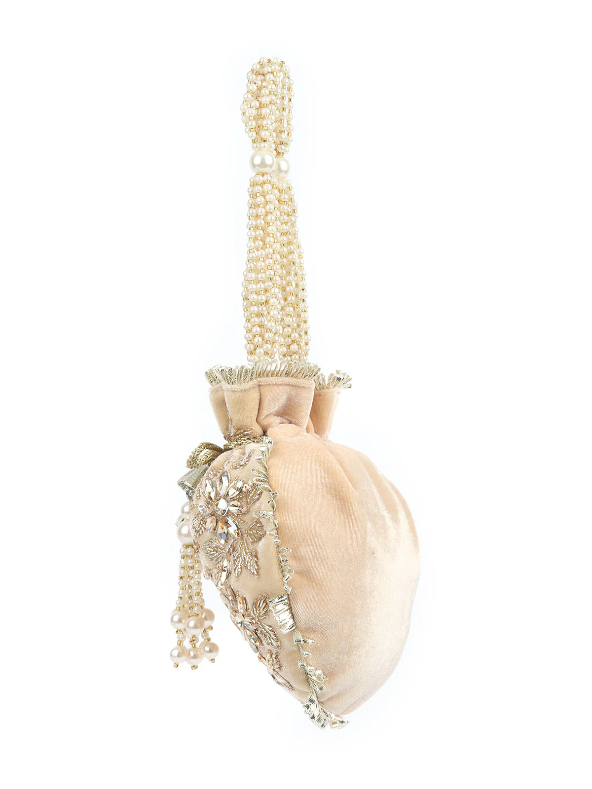 Odette Beige Velvet Embellished Potli For Women - Image 5