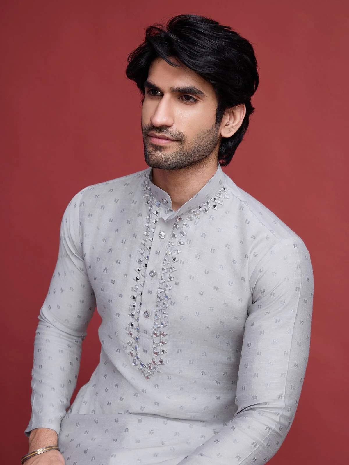 Odette Beige Viscose Rayon Mirror Work Stitched Kurta For Men - Image 5