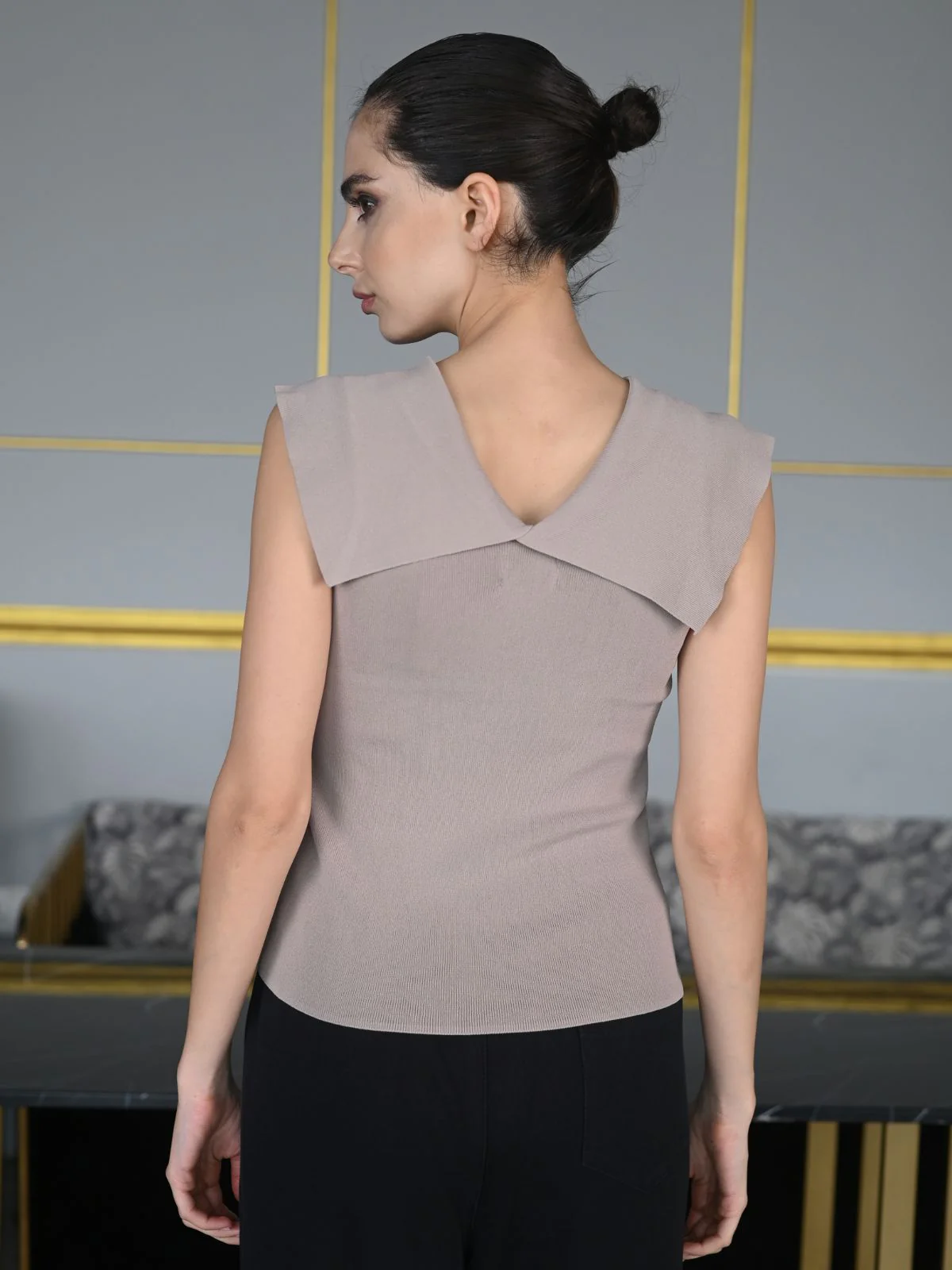 Odette Beige Viscose Rib Lycra Top For Women - Image 4