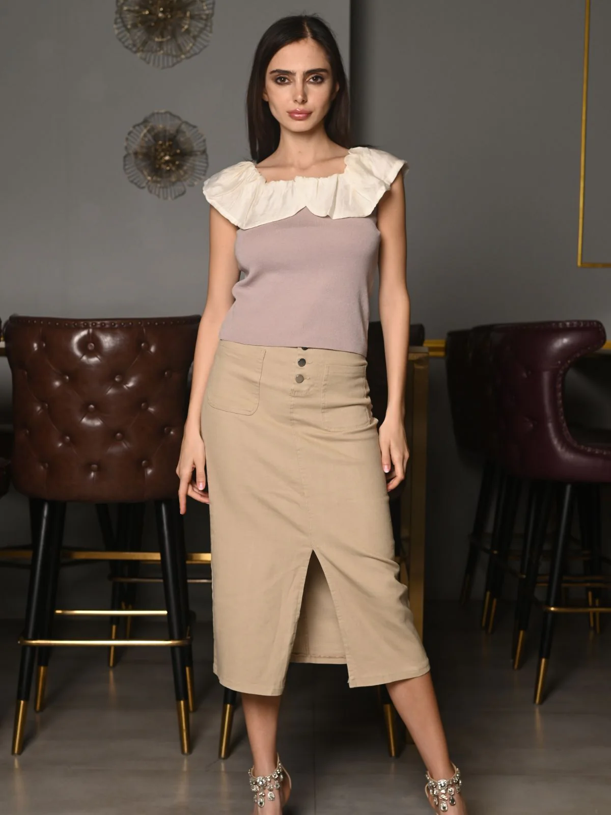 Odette Mauve Viscose Rib Lycra Solid Frill Top For Women - Image 2