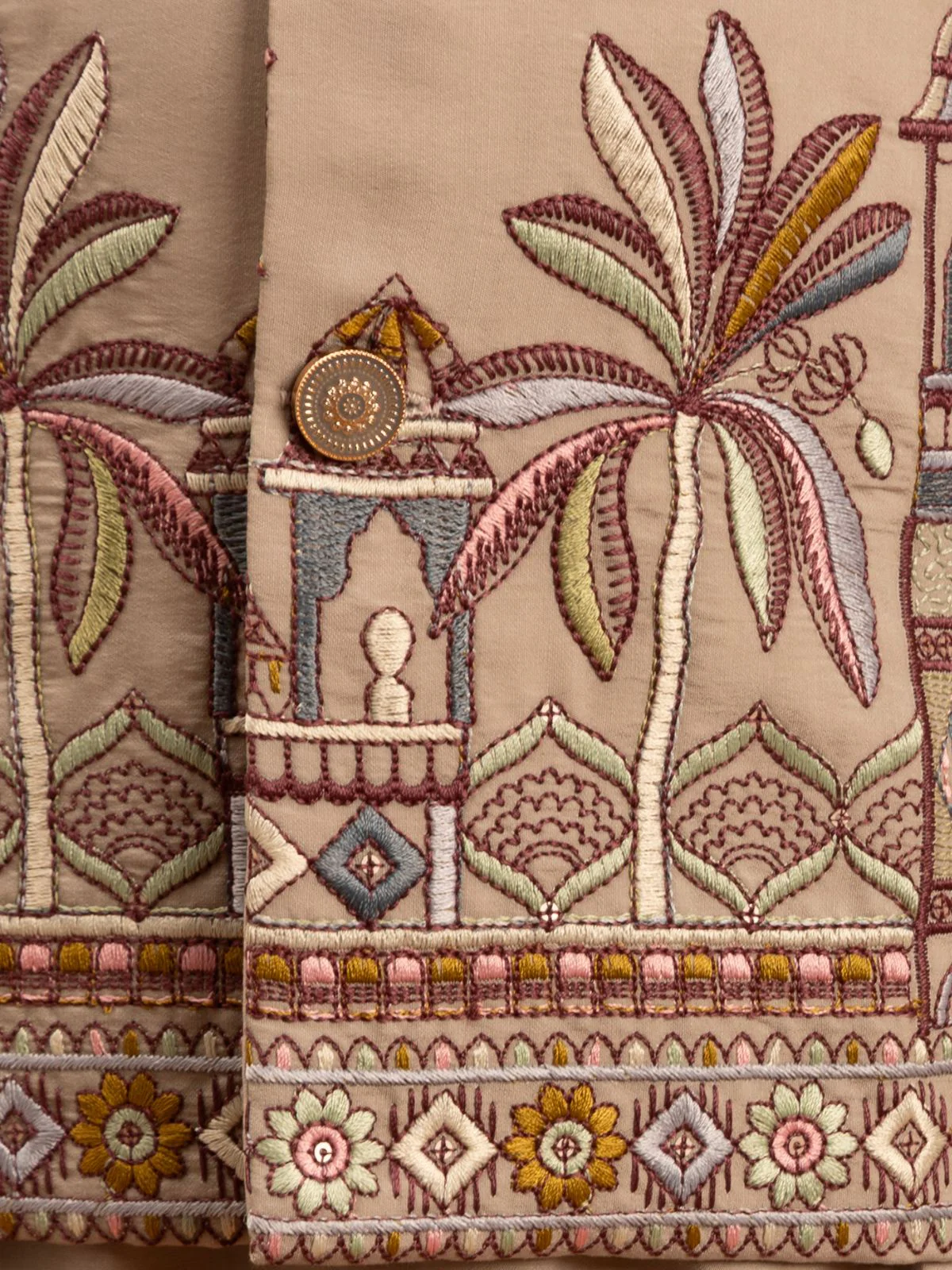 Odette Beige Viscose Silk Embroidered Stitched Kurta Set For Kids - Image 4