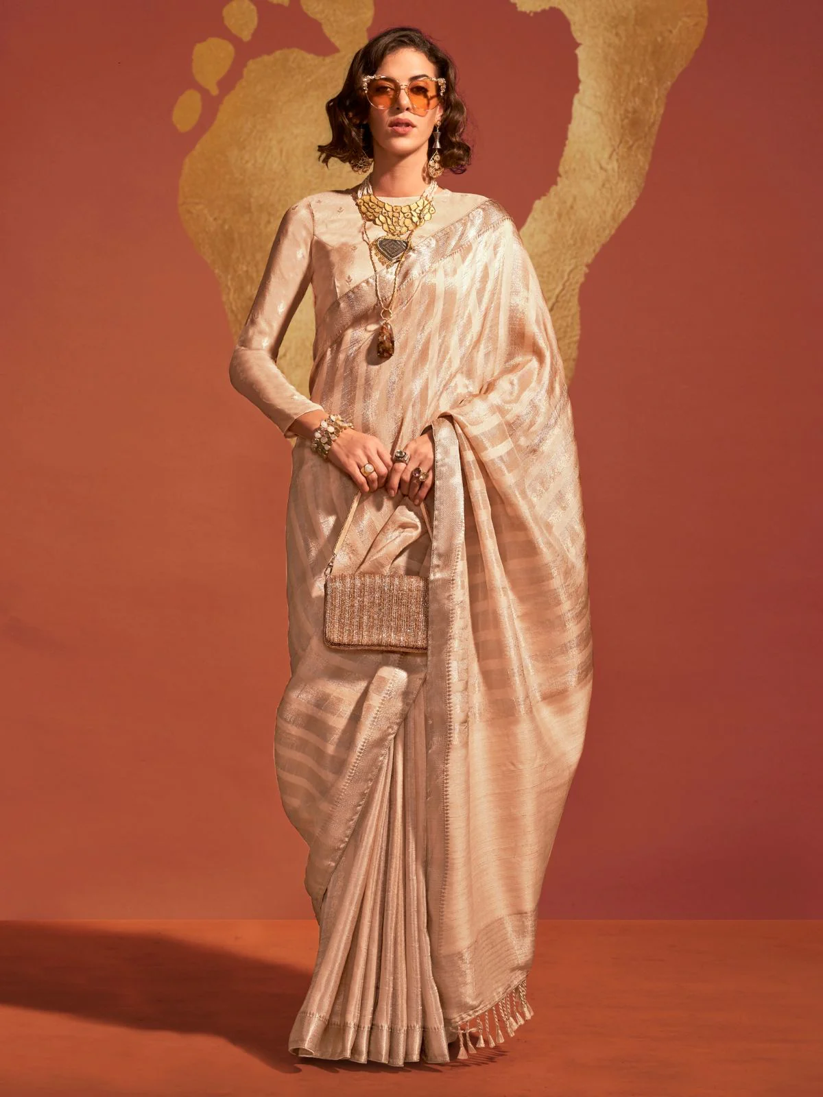 Odette Beige Viscose Woven Saree With Unstitched Blouse For Women