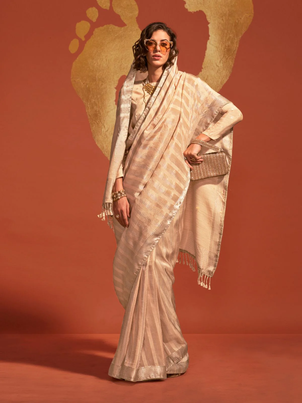 Odette Beige Viscose Woven Saree With Unstitched Blouse For Women - Image 2