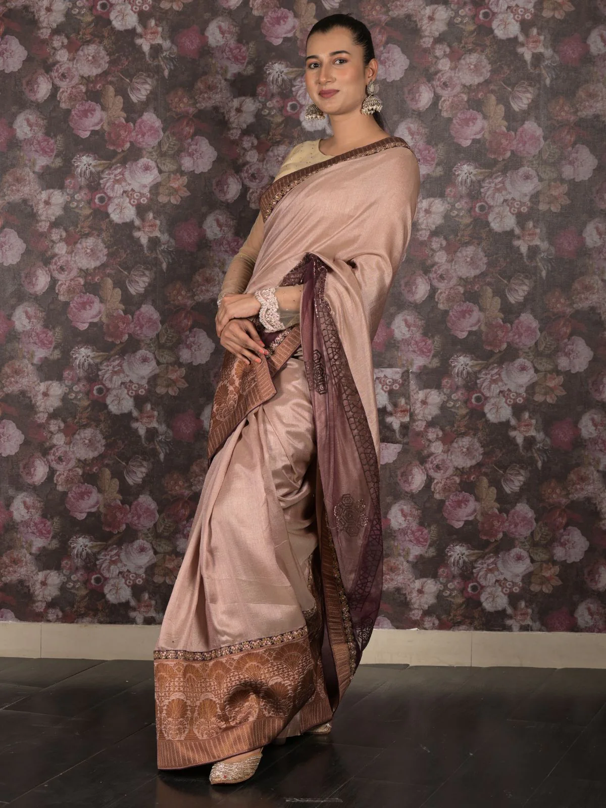 Odette Beige Woven Cotton Silk Blend Saree With Unstitched Blouse For Women - Image 3