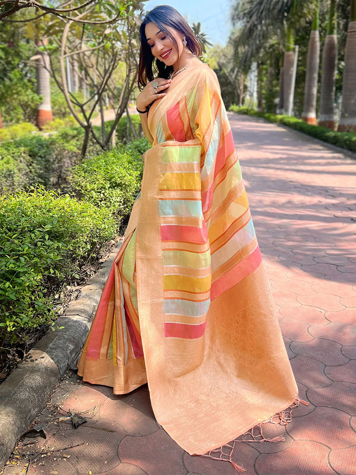 Odette Beige Woven Design Organza Saree With Unstitched Blouse For Women - Image 2
