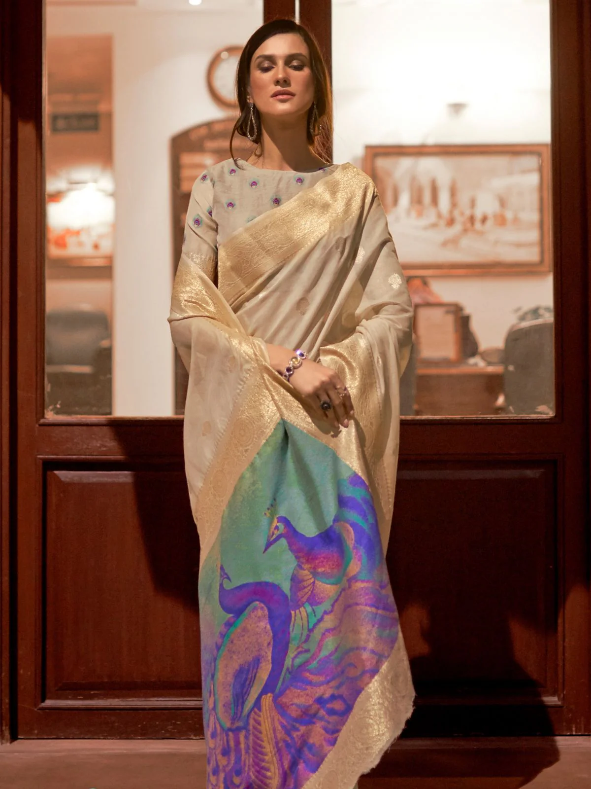Odette Beige Woven Design Silk Blend Saree With Unstitched Blouse For Women - Image 2