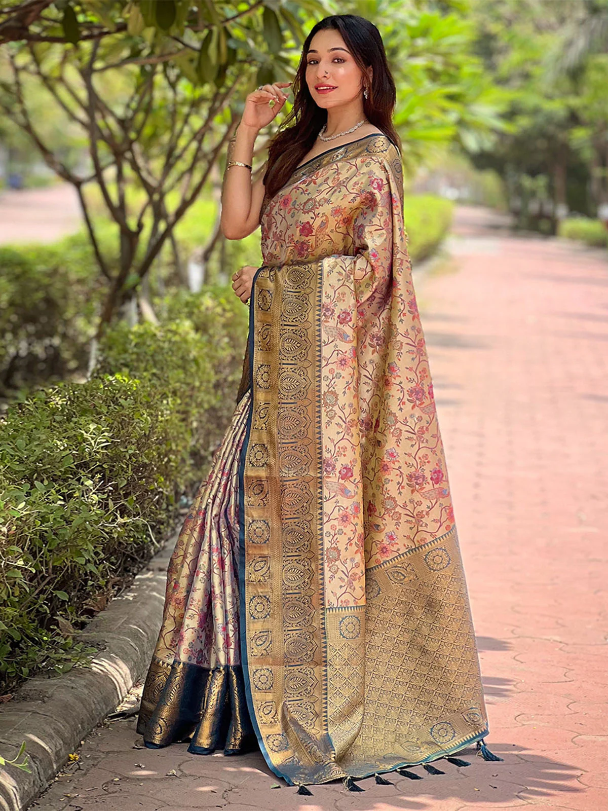 Odette Beige Woven Design Silk Blend Saree With Unstitched Blouse For Women - Image 2