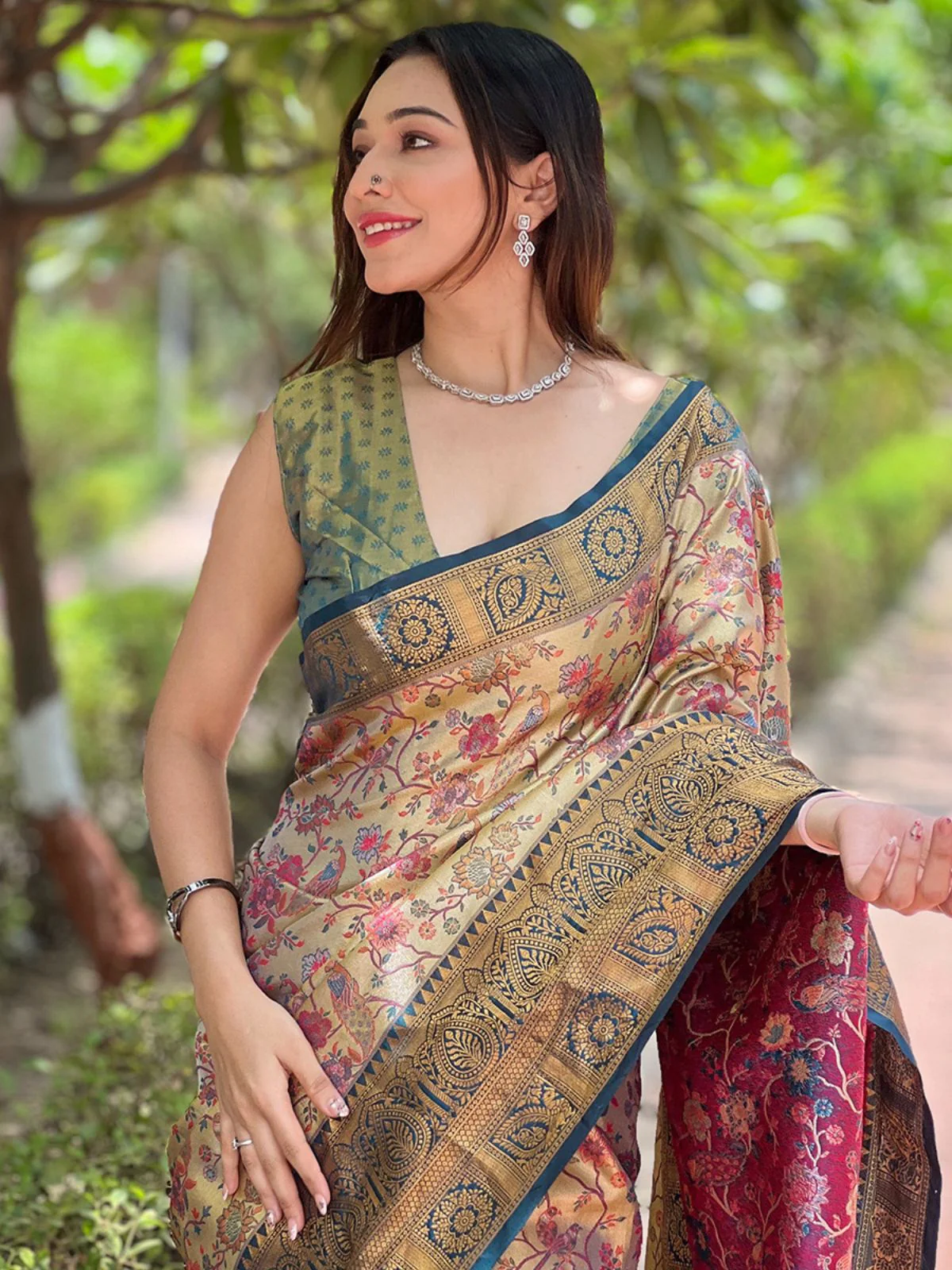 Odette Beige Woven Design Silk Blend Saree With Unstitched Blouse For Women - Image 3