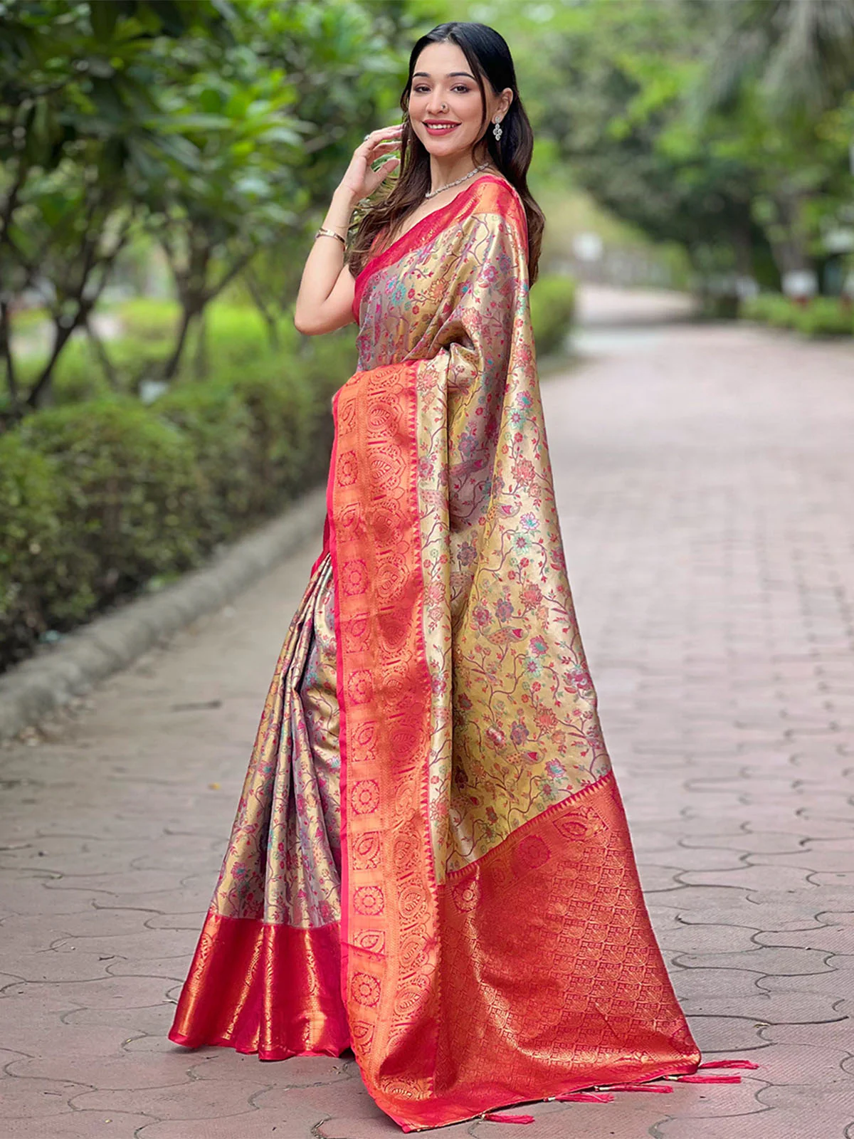 Odette Beige Woven Design Silk Blend Saree With Unstitched Blouse For Women - Image 2