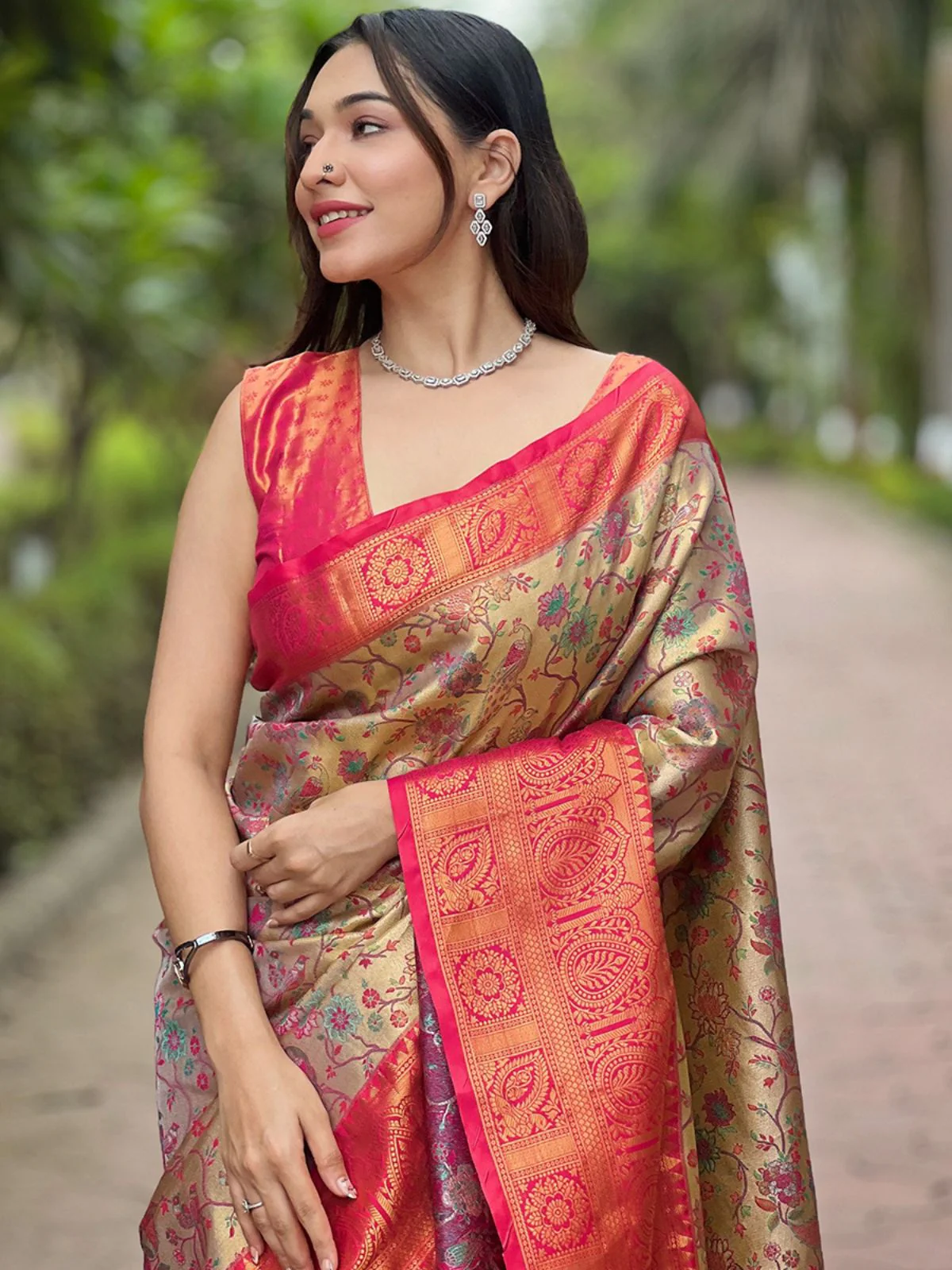 Odette Beige Woven Design Silk Blend Saree With Unstitched Blouse For Women - Image 3