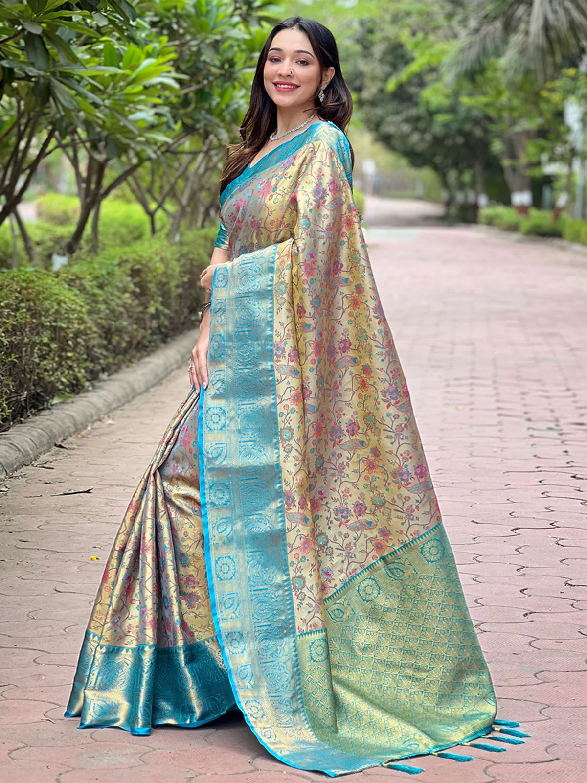 Odette Beige Woven Design Silk Blend Saree With Unstitched Blouse For Women - Image 2