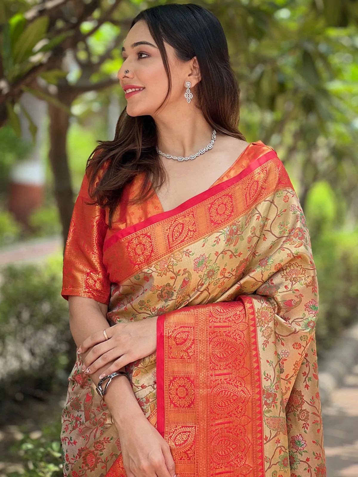 Odette Beige Woven Design Silk Blend Saree With Unstitched Blouse For Women - Image 3