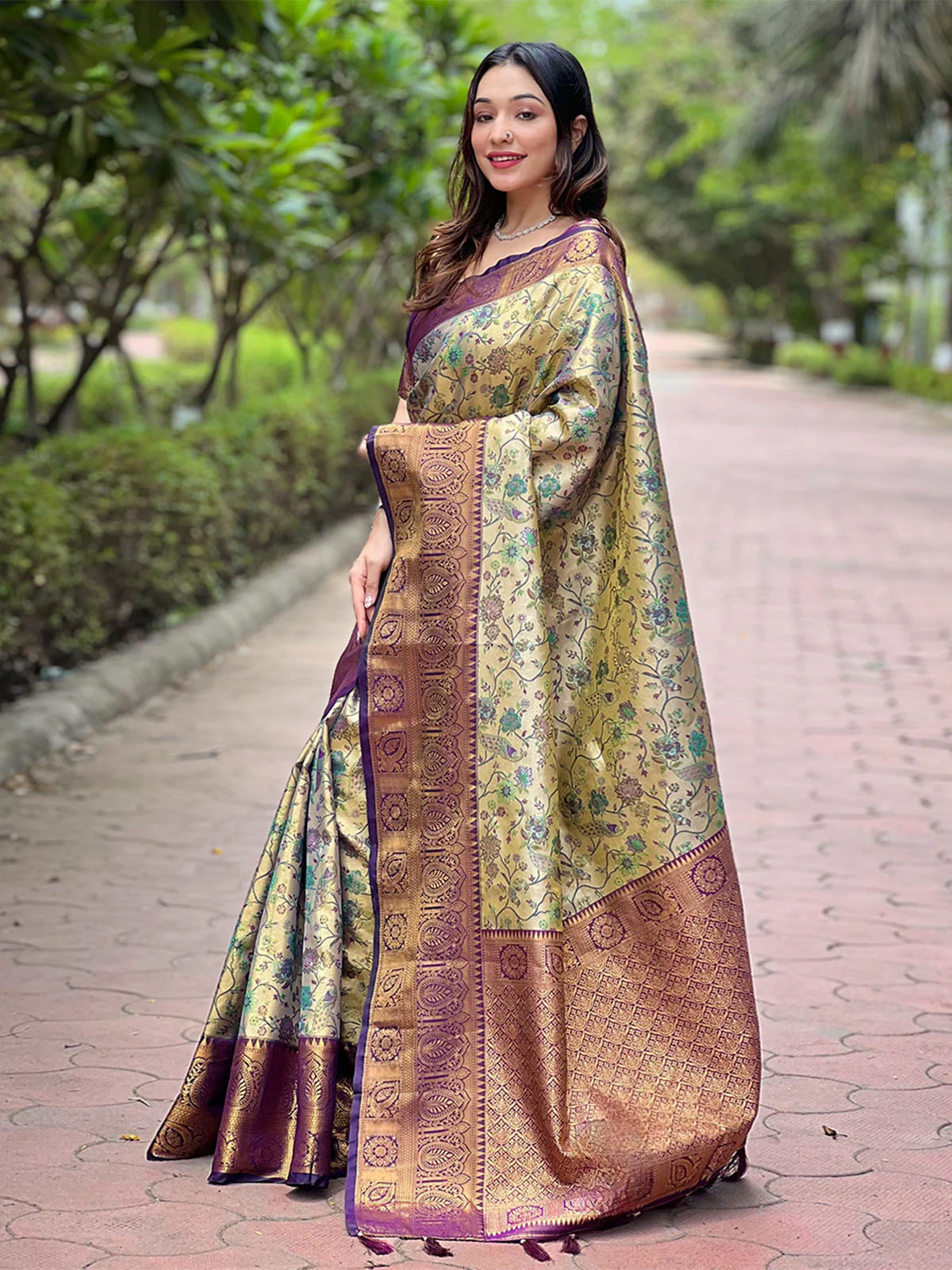 Odette Beige Woven Design Silk Blend Saree With Unstitched Blouse For Women - Image 2