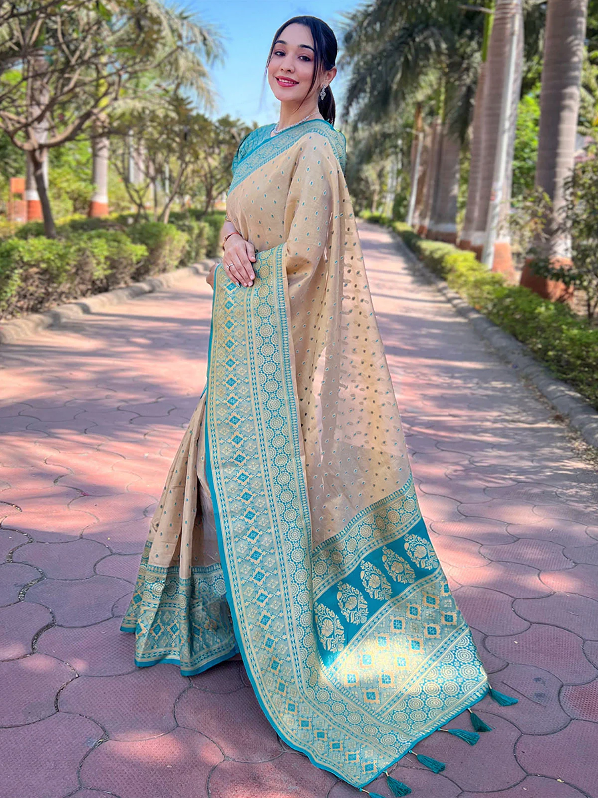 Odette Beige Woven Design Tissue Silk Saree With Unstitched Blouse For Women - Image 2