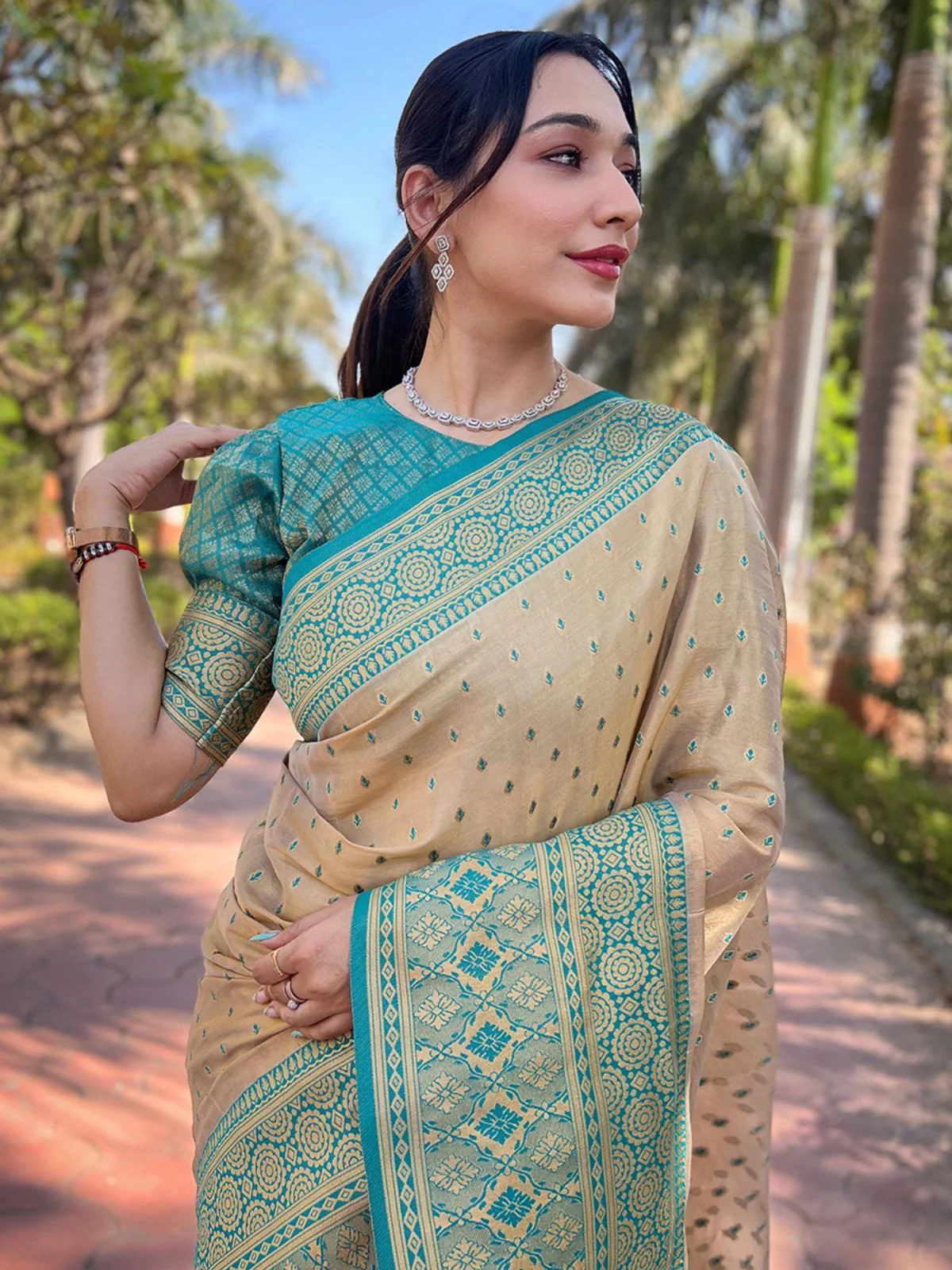 Odette Beige Woven Design Tissue Silk Saree With Unstitched Blouse For Women - Image 3