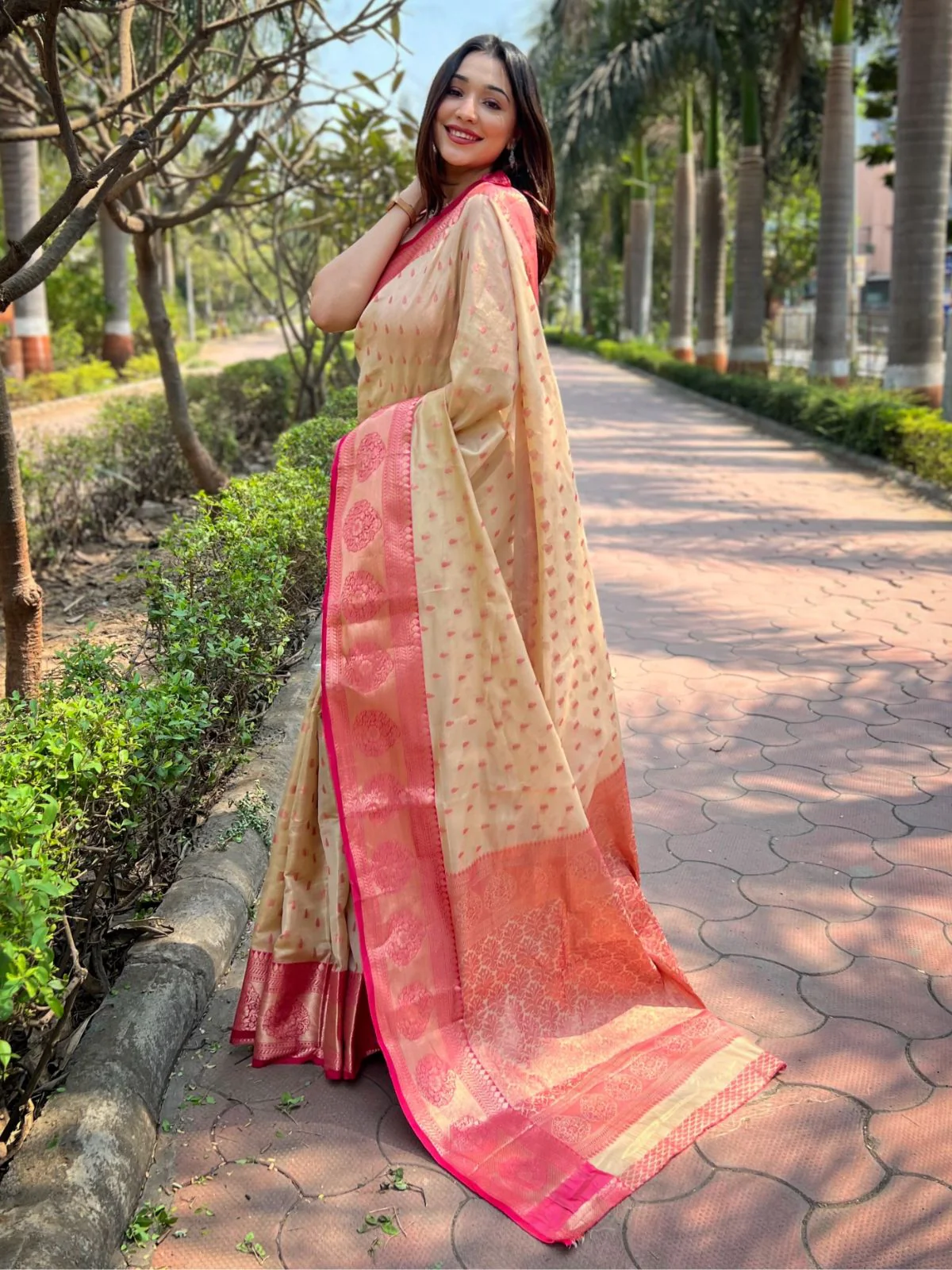 Odette Beige Woven Design Tissue Silk Saree With Unstitched Blouse For Women - Image 2