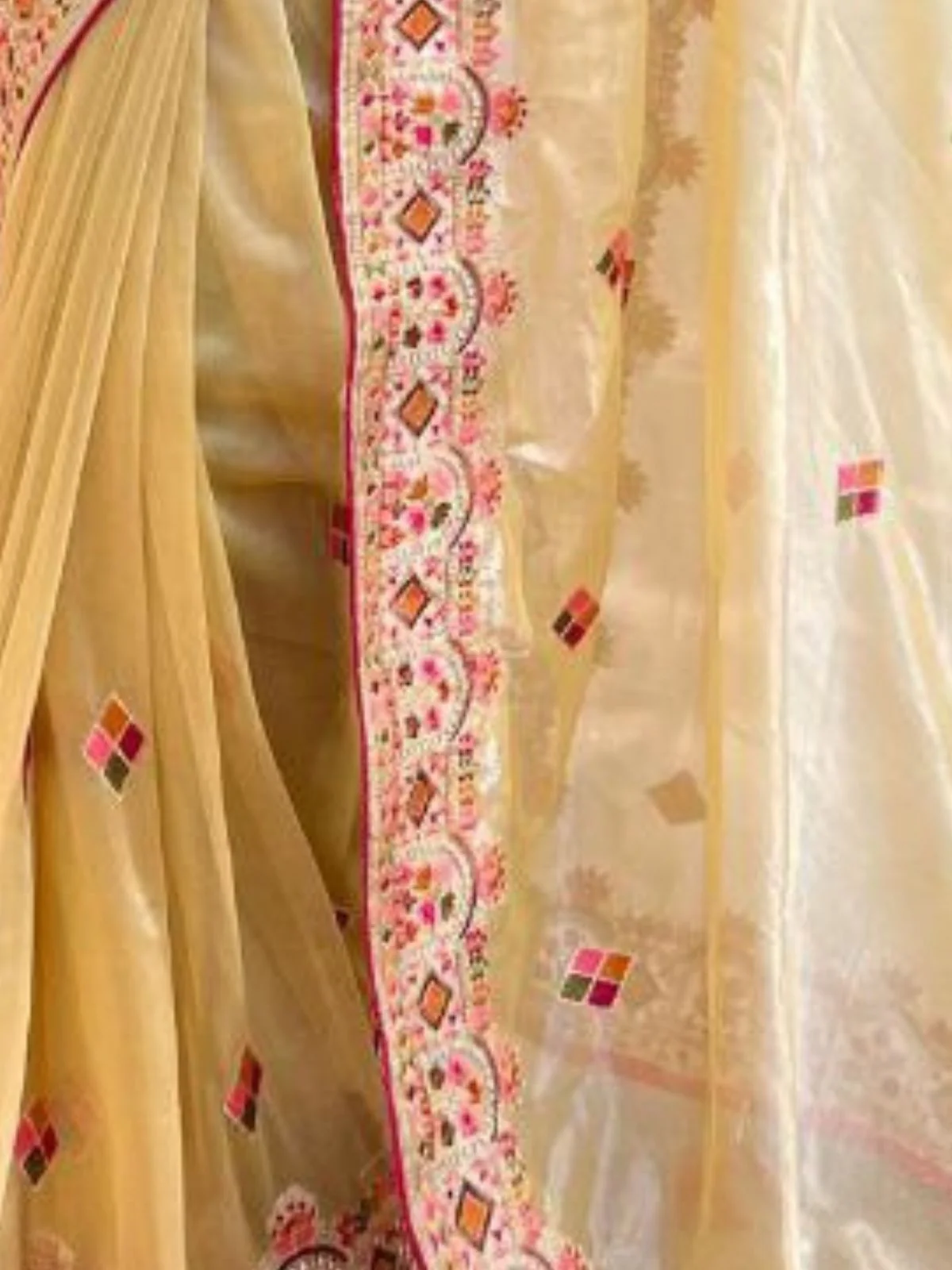 Odette Beige Embroidered Net Saree With Unstitched Blouse For Women - Image 4