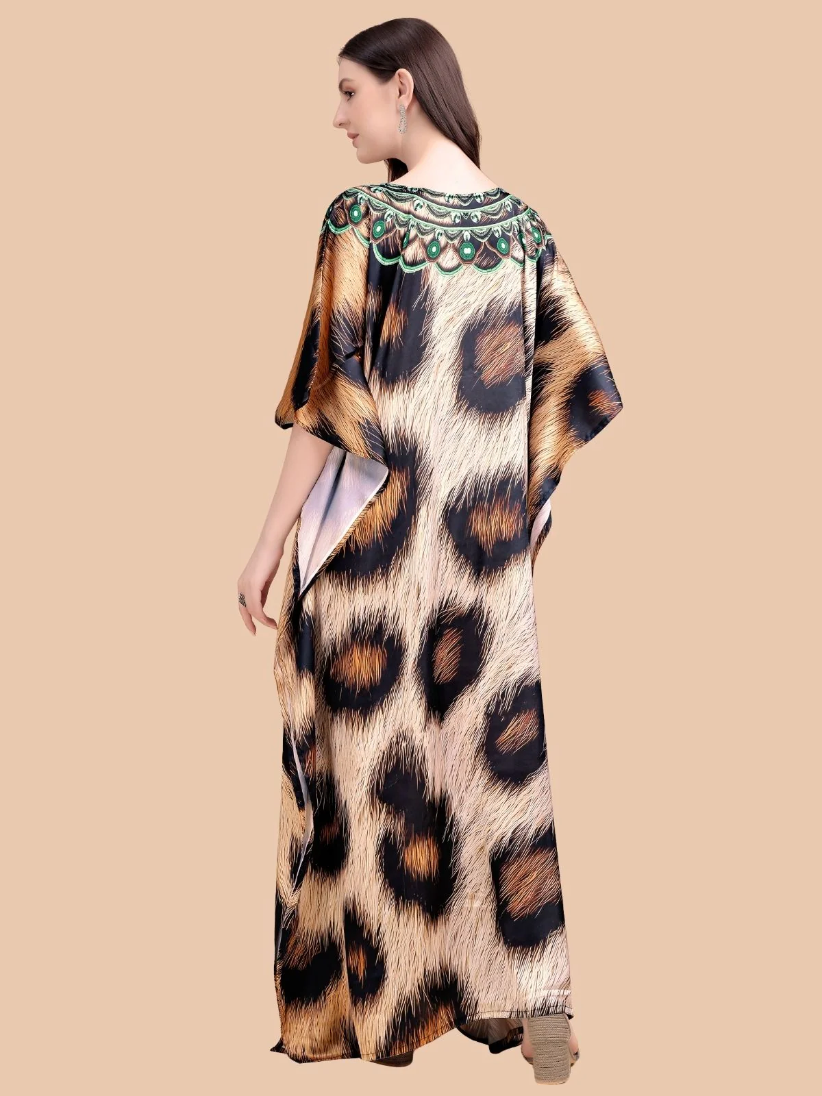 Odette Black And Beige Satin Printed Kaftan For Women - Image 3