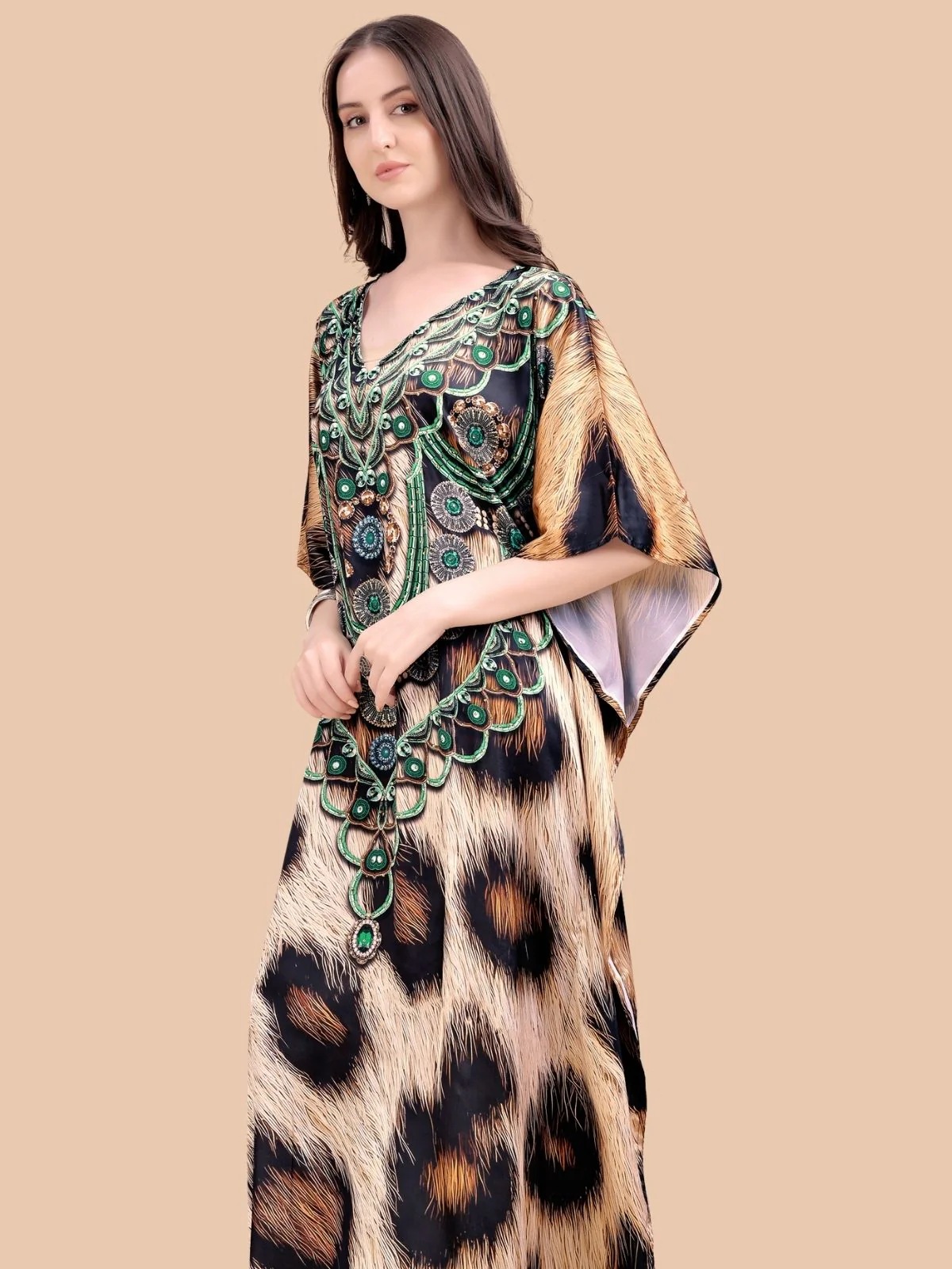 Odette Black And Beige Satin Printed Kaftan For Women - Image 4