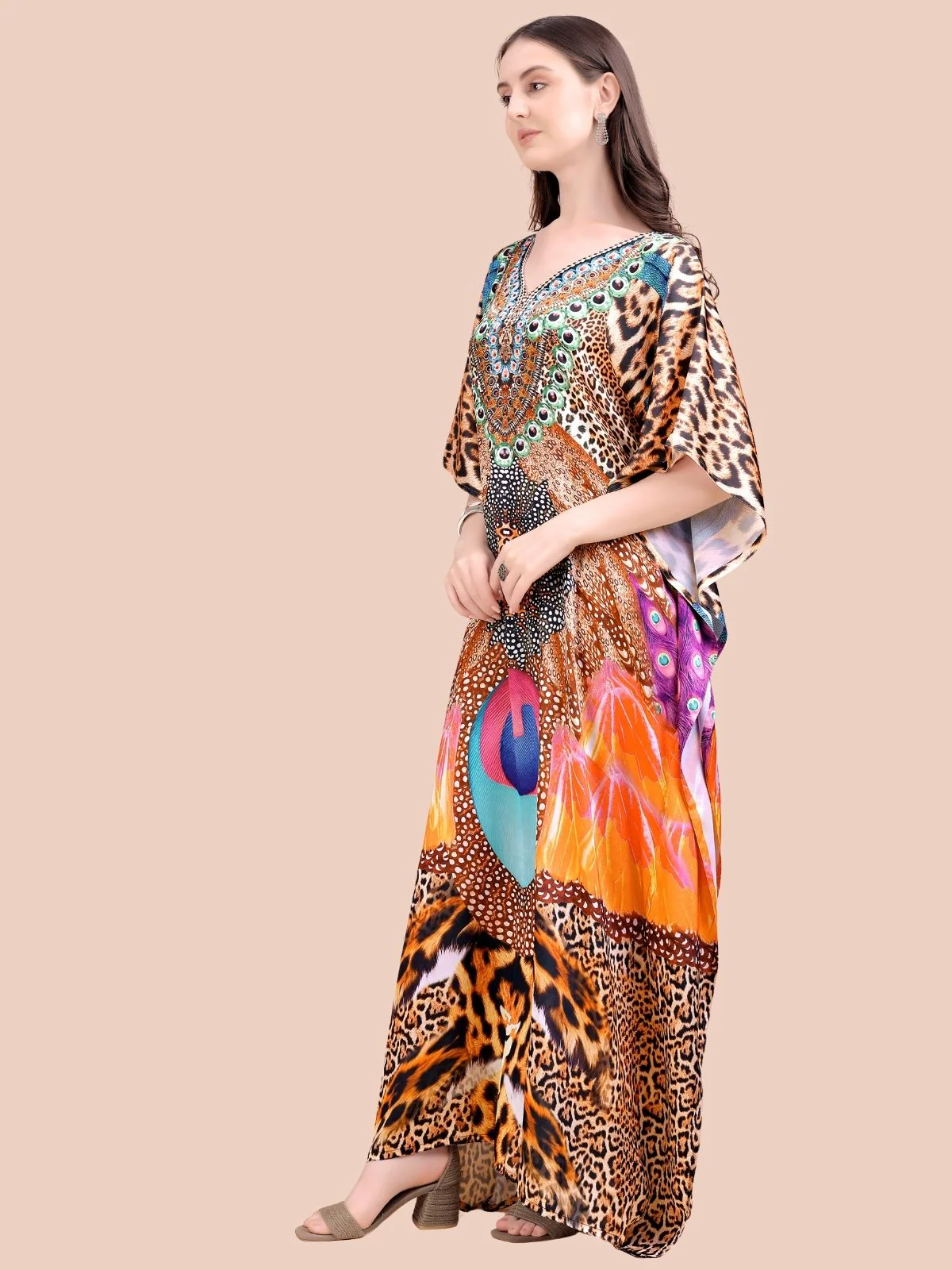 Odette Black And Brown Satin Printed Kaftan For Women - Image 2