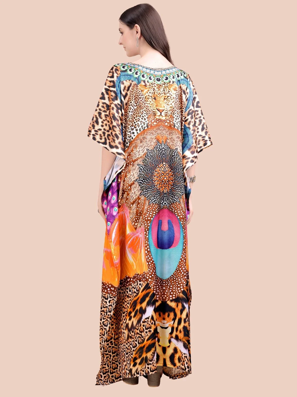 Odette Black And Brown Satin Printed Kaftan For Women - Image 3