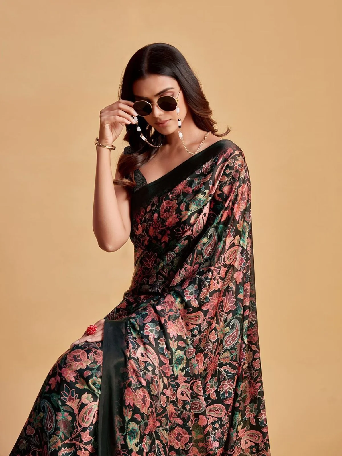 Odette Black And Brown Satin Printed Saree With Unstitched Blouse For Women - Image 5