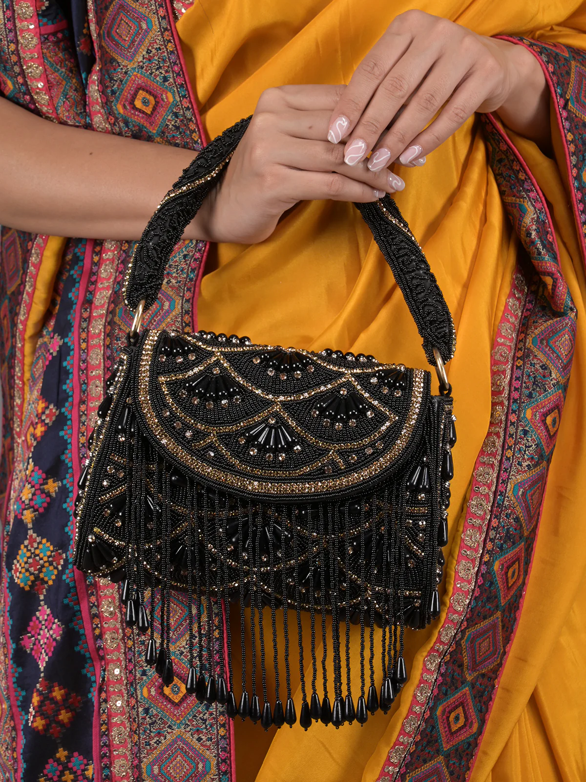 Odette Black and Gold Beads Embroidered Clutch for Women - Image 2