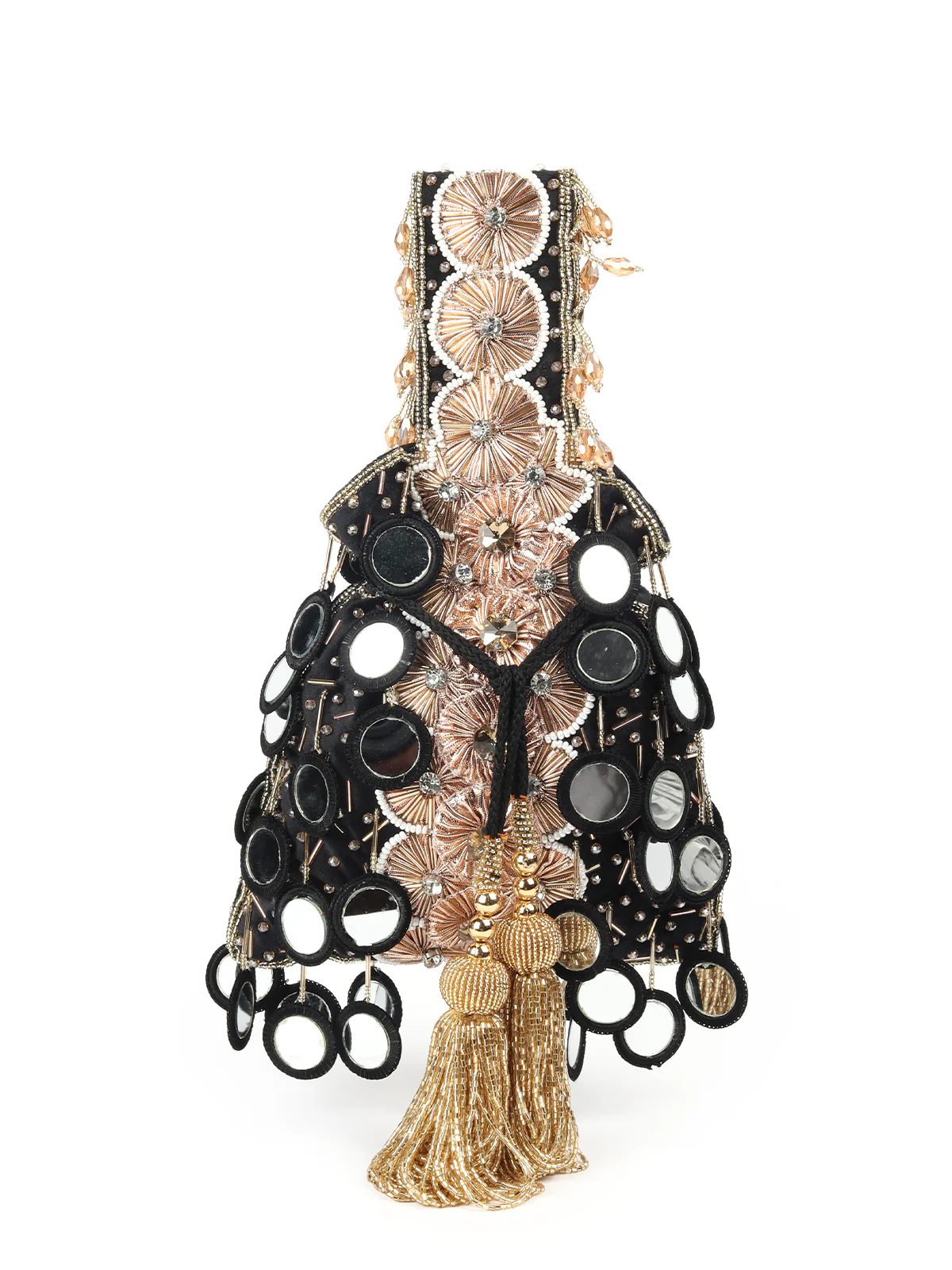 Odette Black And Gold Embroidered Potli Bag with Tassels For Women - Image 3