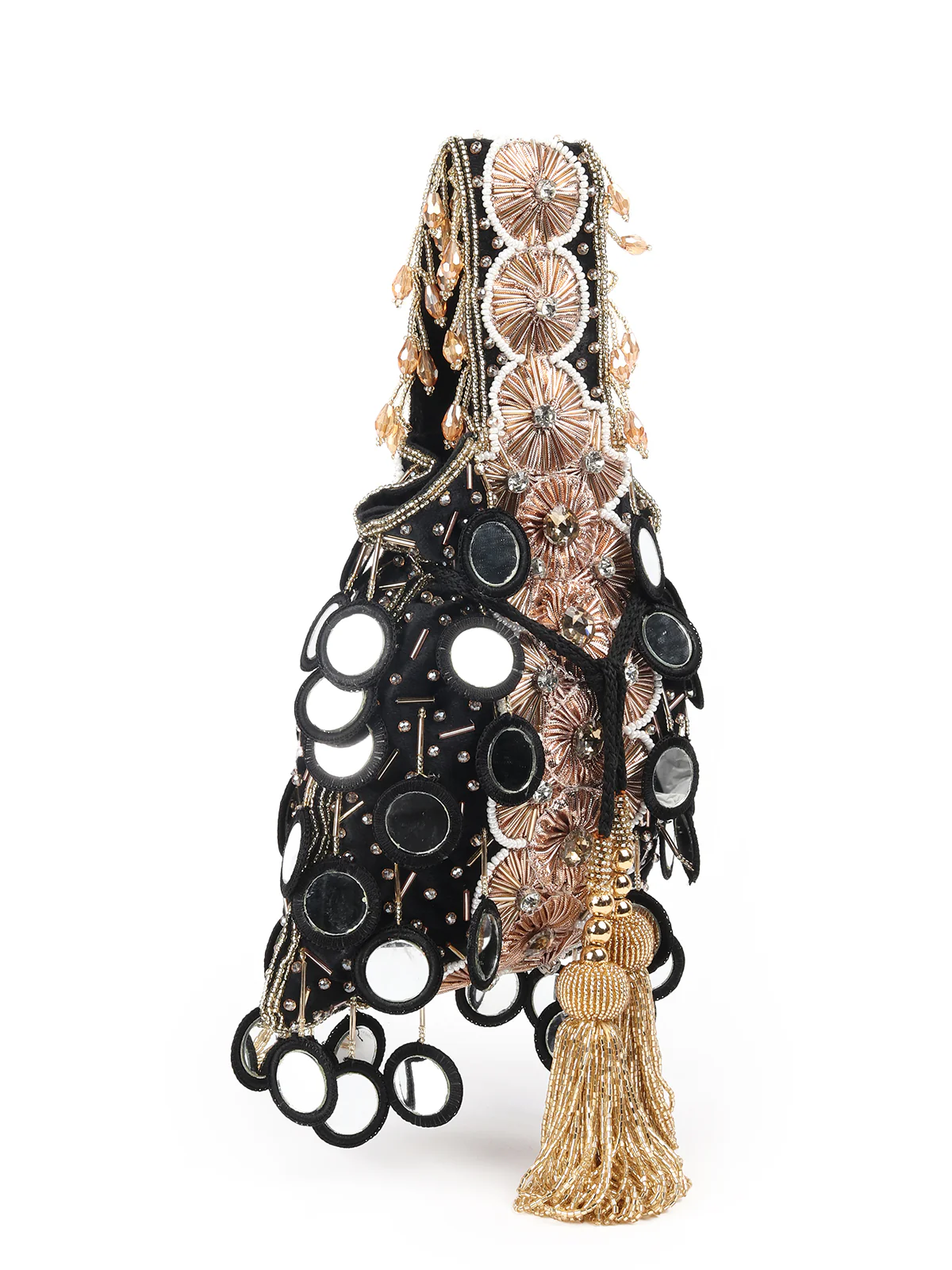 Odette Black And Gold Embroidered Potli Bag with Tassels For Women - Image 4