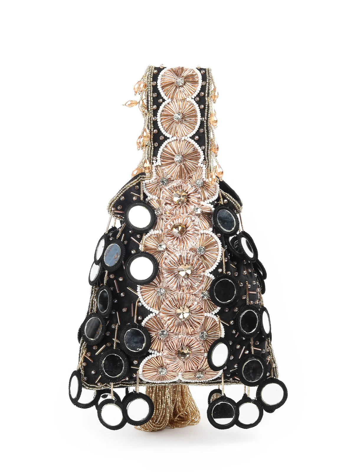 Odette Black And Gold Embroidered Potli Bag with Tassels For Women - Image 5