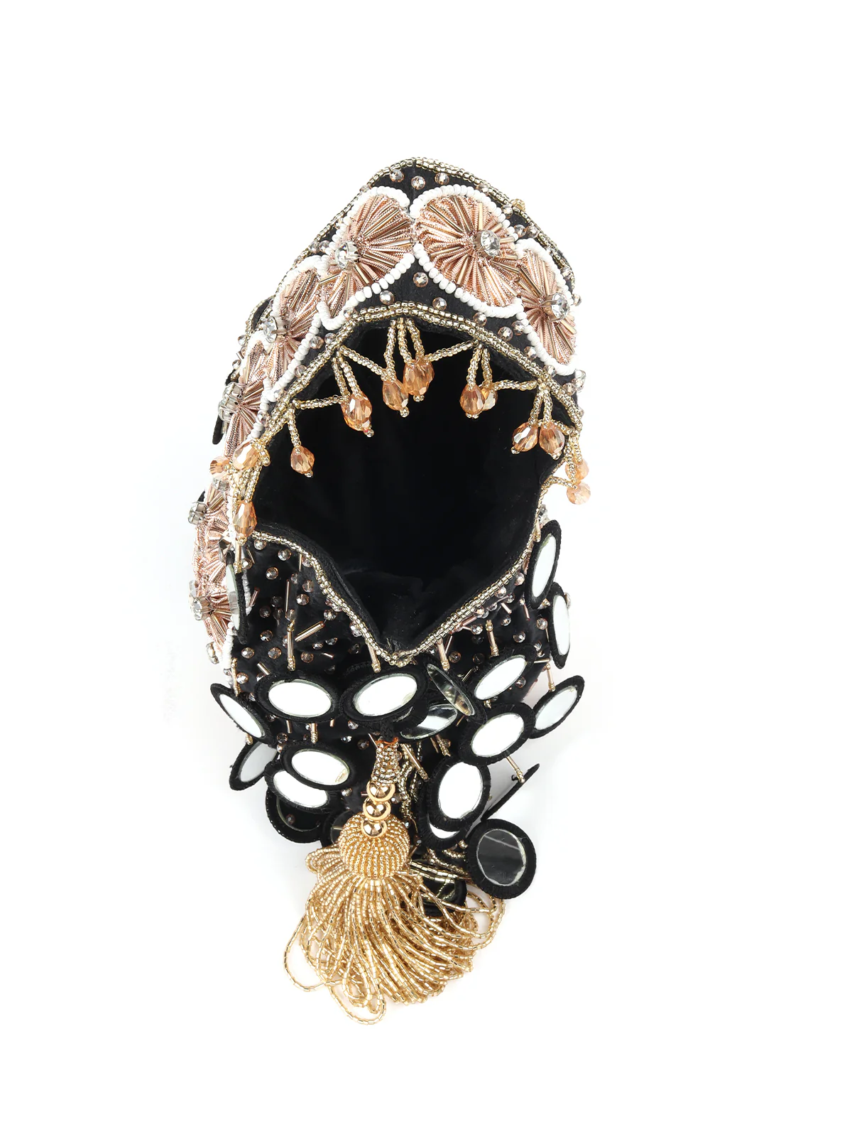 Odette Black And Gold Embroidered Potli Bag with Tassels For Women - Image 6