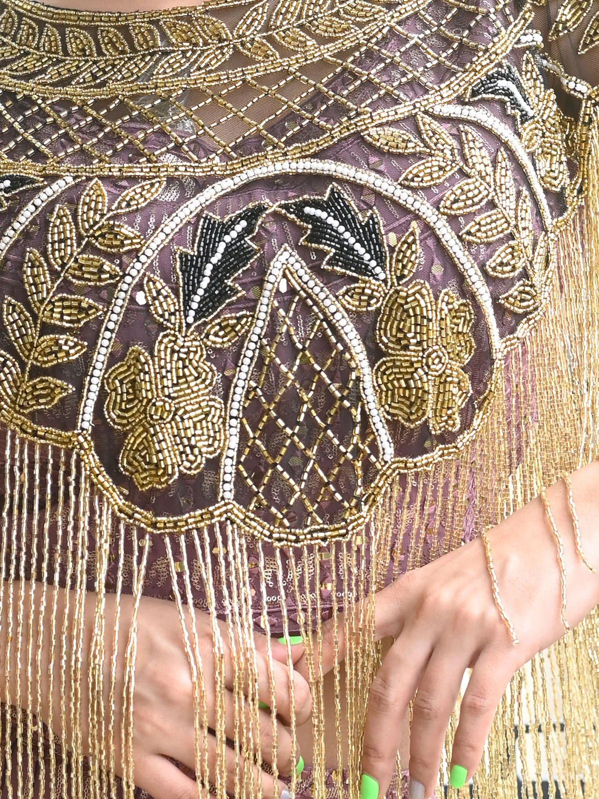 Odette Black And Gold Net Cutdana Embellished Tasseled Cape for Women - Image 4