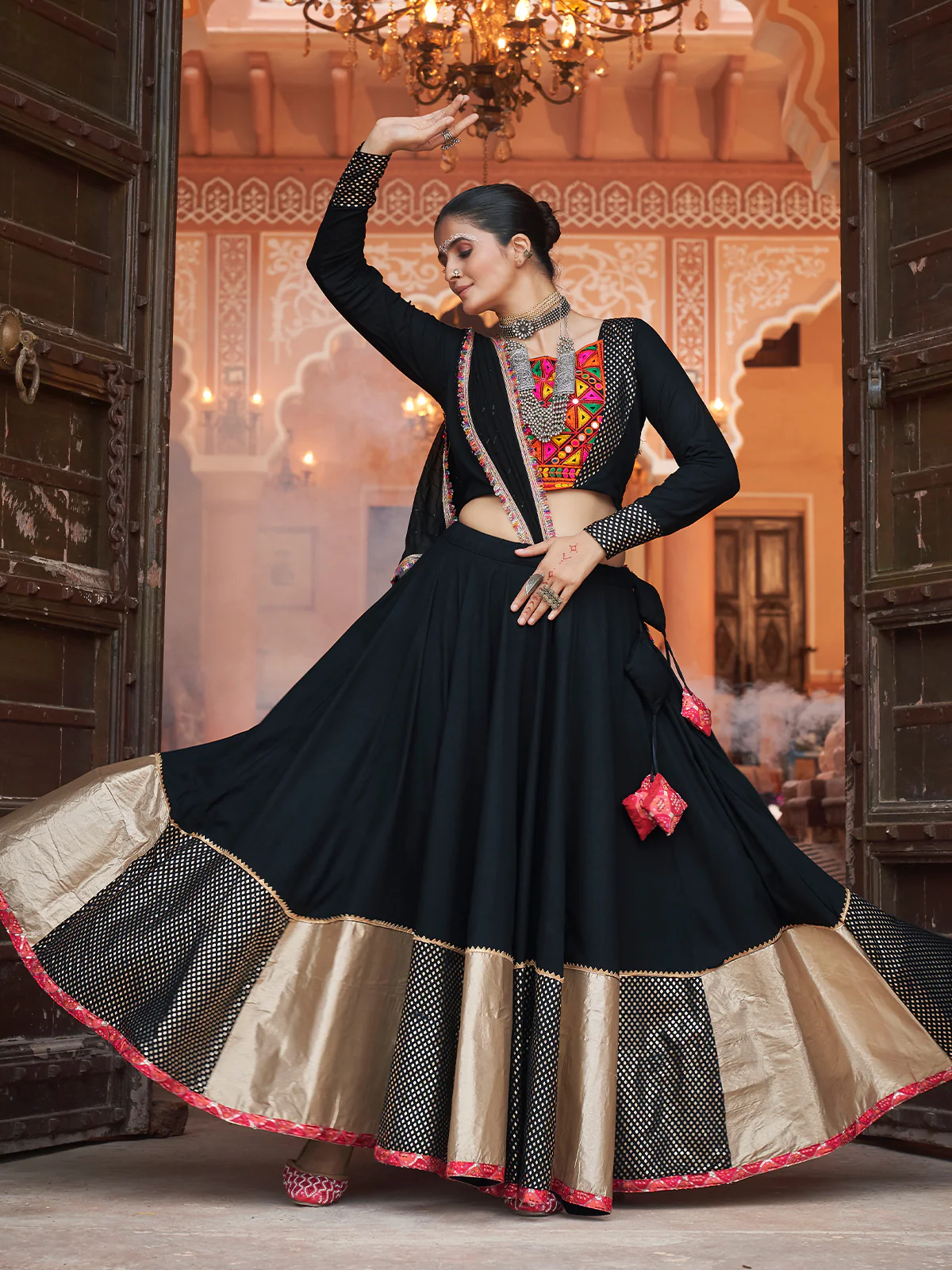 Odette Black And Gold Rayon Printed Stitched Lehenga With Blouse For Women - Image 3