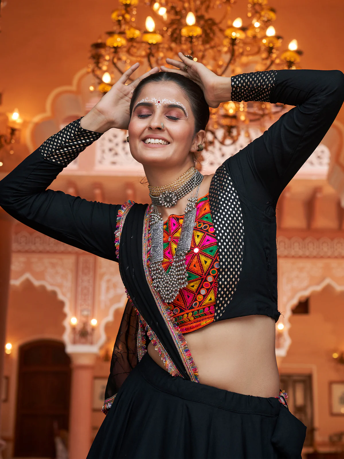 Odette Black And Gold Rayon Printed Stitched Lehenga With Blouse For Women - Image 4