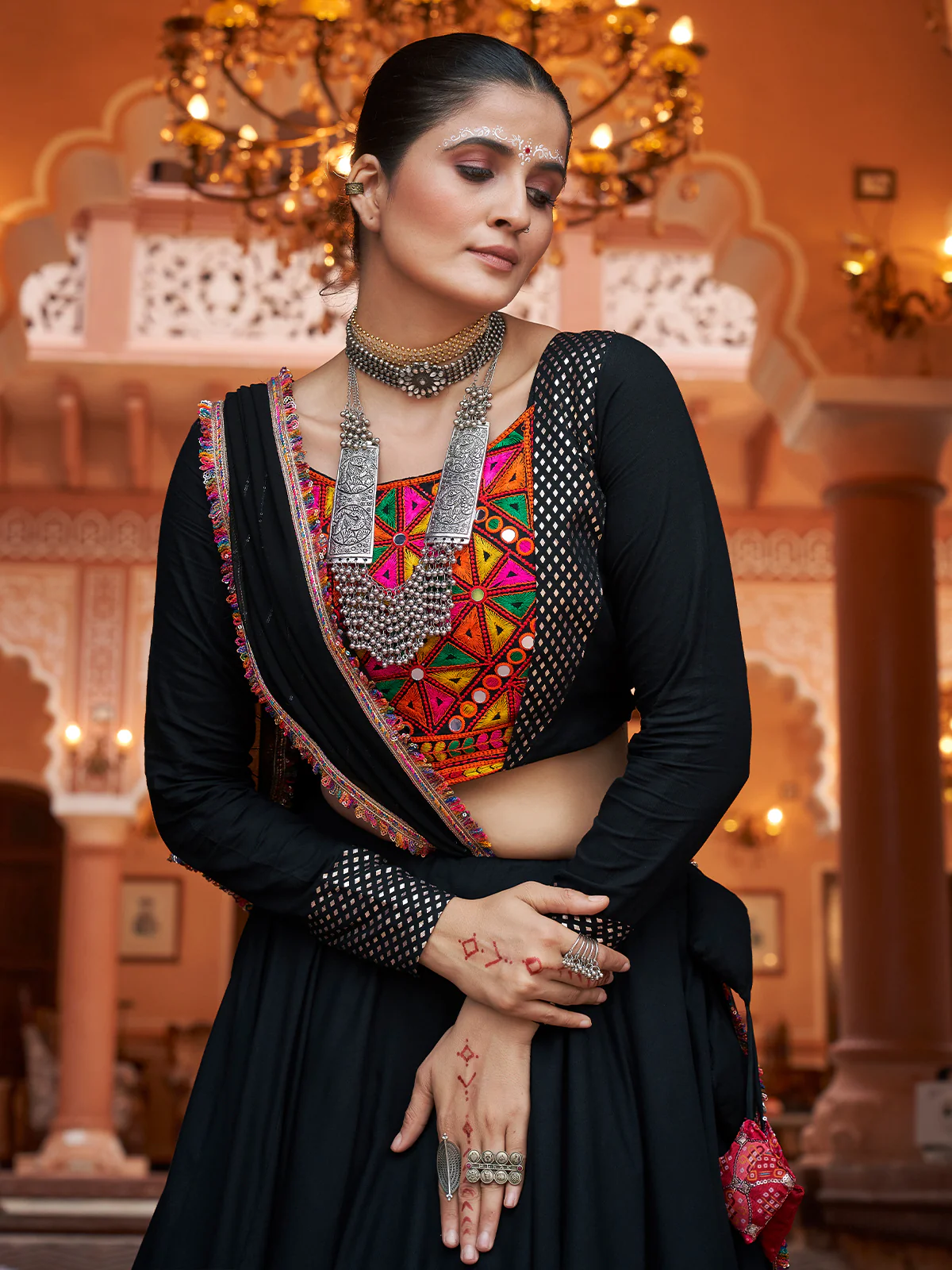 Odette Black And Gold Rayon Printed Stitched Lehenga With Blouse For Women - Image 5