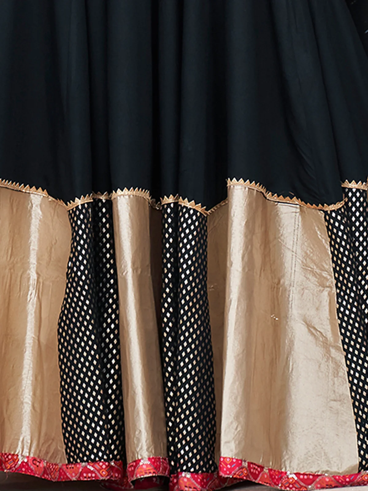 Odette Black And Gold Rayon Printed Stitched Lehenga With Blouse For Women - Image 7