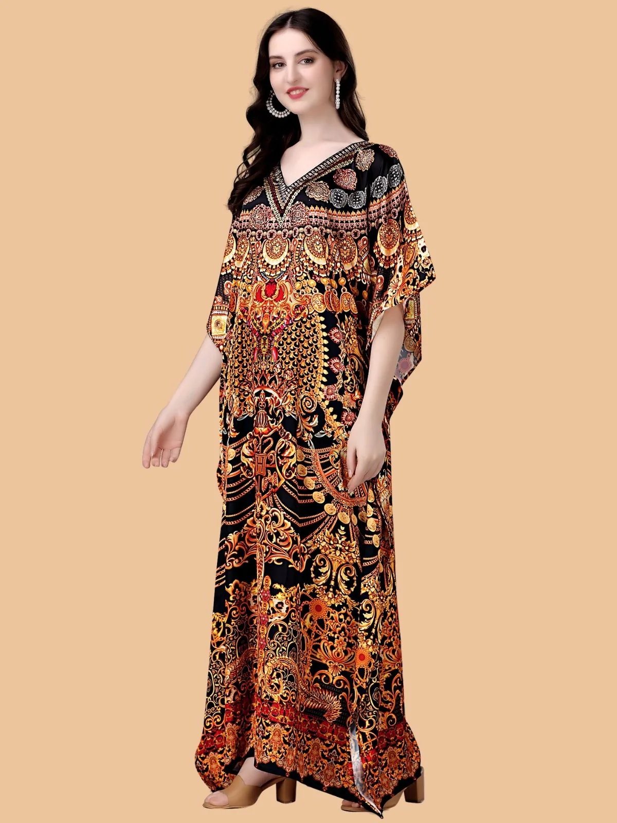 Odette Black And Gold Satin Printed Kaftan For Women - Image 2