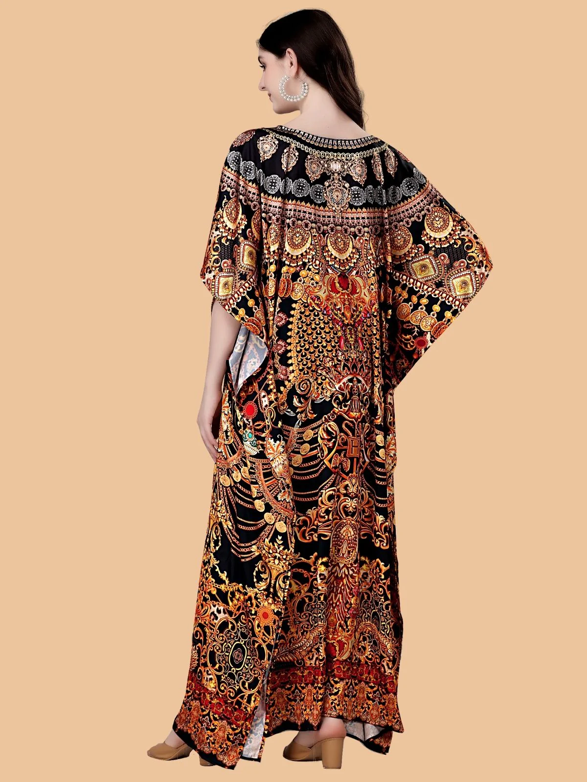 Odette Black And Gold Satin Printed Kaftan For Women - Image 3