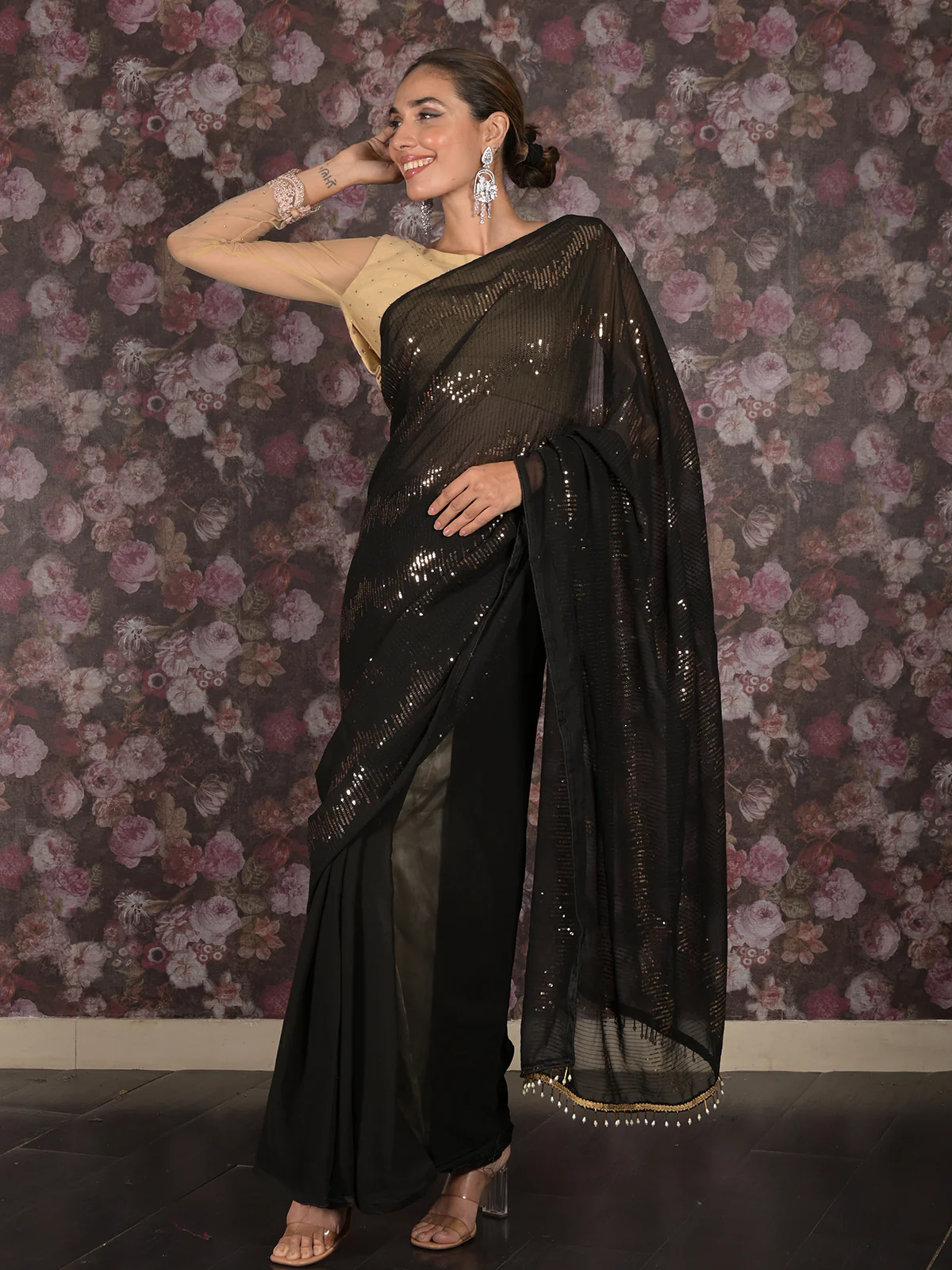 Odette Black and Gold Sequins Embroidered Georgette Saree with Unstitched Blouse for Women - Image 2
